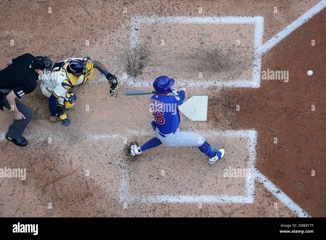 Chicago Cubs' Rafael Ortega hits an RBI single during the eighth