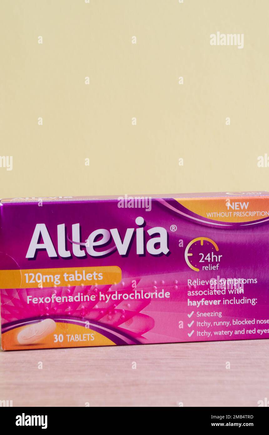 Box of Allevia Anti Histamine Hay Fever Relief Tablets Stock Photo
