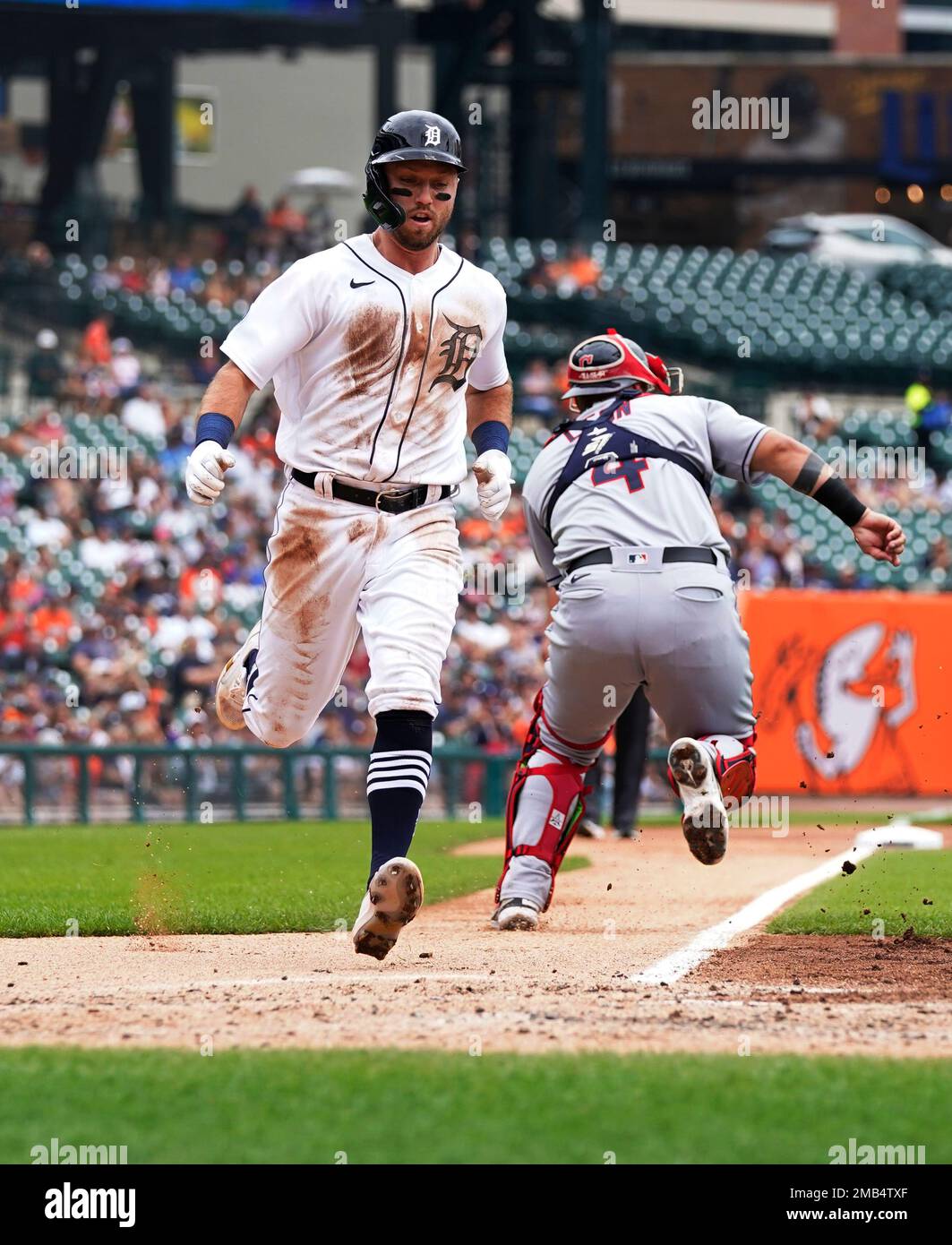 Detroit Tigers' Kody Clemens scores from second on a single by Tucker  Barnhart during the second inning of a baseball game against the Cleveland  Guardians, Wednesday, July 6, 2022, in Detroit. (AP