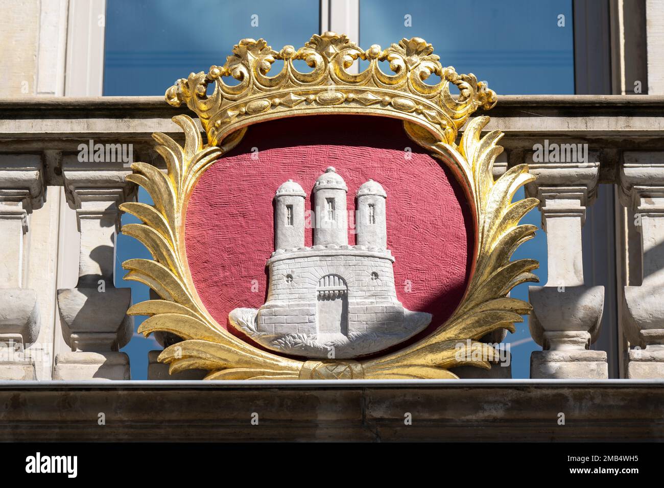 State coat of arms Hamburg in gold frame, Hamburg, Germany Stock Photo