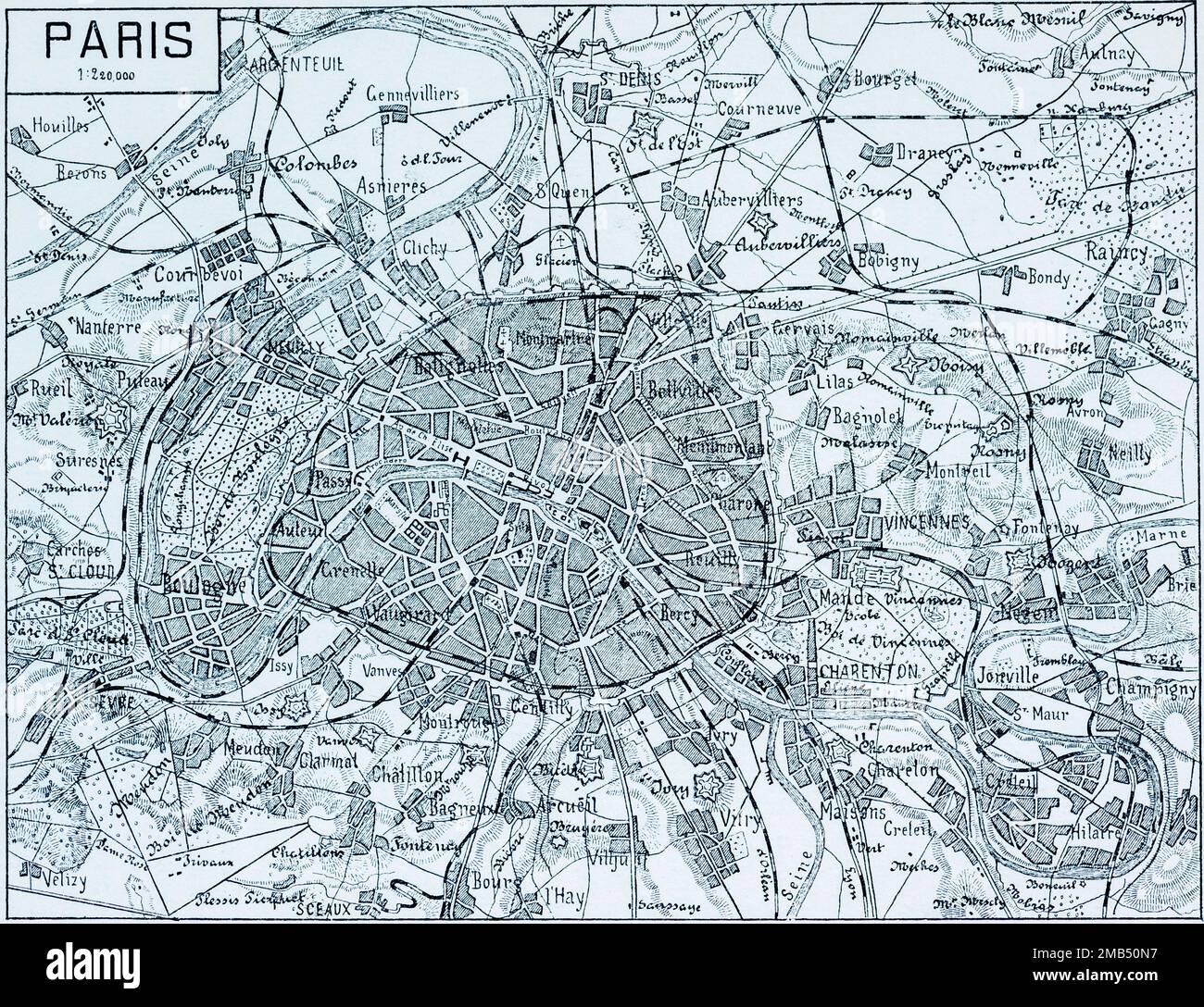 220, 000, districts, Montmartre, Seine, cartography, hatching, railway line, city of Paris, France, city map and surroundings Stock Photo
