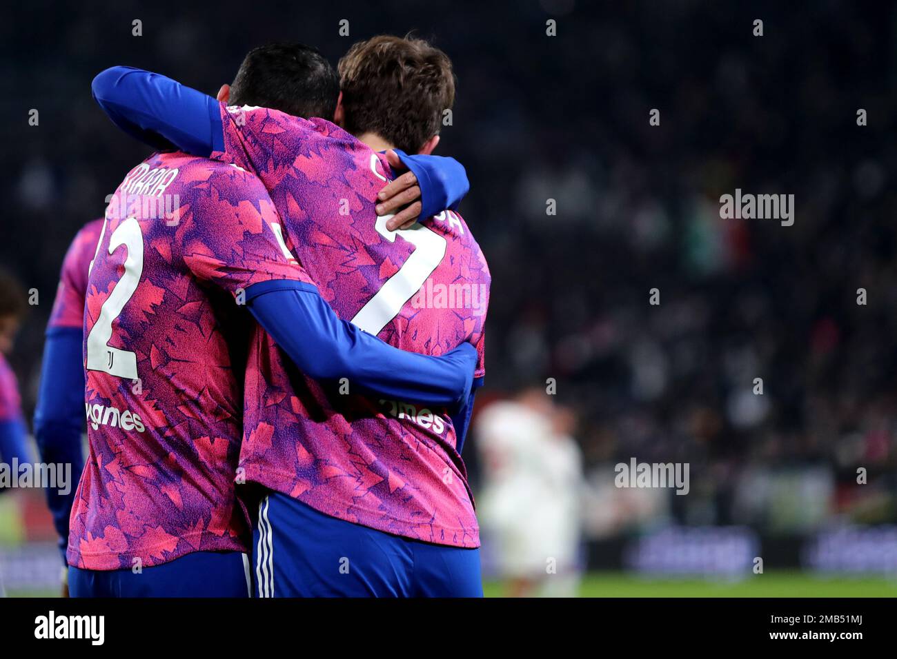 Federico Chiesa of Juventus Fc (R)   celebrates with his team mate Angel Di Maria of Juventus Fc (L) after scoring a goal during the Coppa Italia football match beetween Juventus Fc and Ac Monza at Allianz Stadium on January 19, 2023 in Turin, Italy . Credit: Marco Canoniero/Alamy Live News Stock Photo