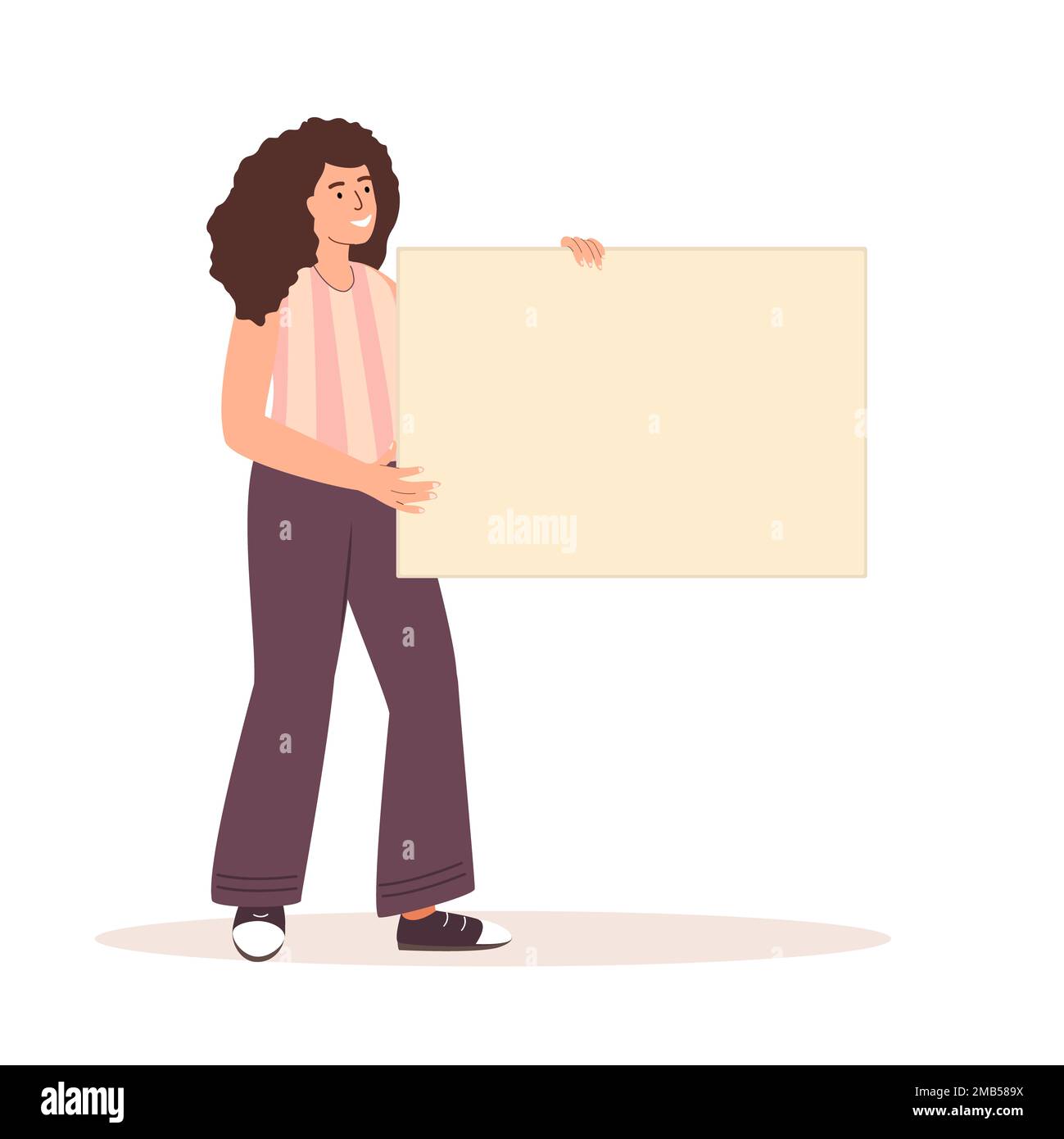 Woman holding empty paper card mockup for promo message. Happy girl showing, presenting smth on placard, blank board mock up in hand. Flat graphic vec Stock Photo