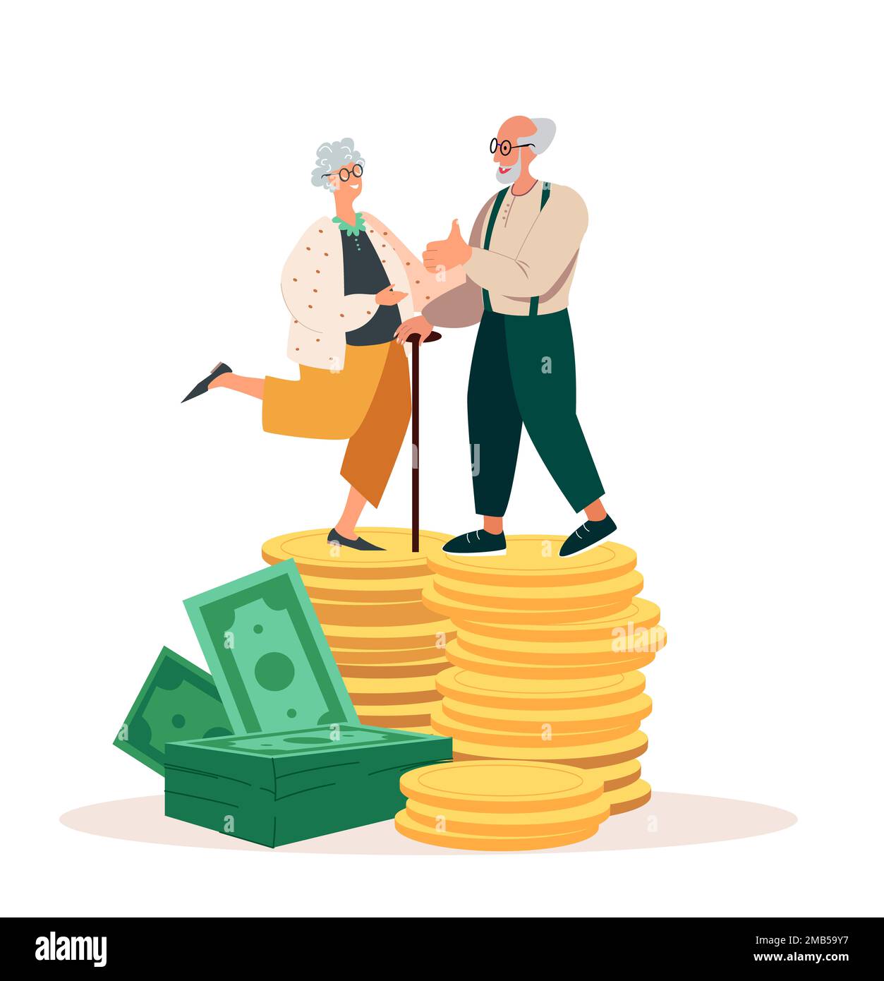 Happy Senior Pensioners Male Female Characters Stand on Huge Pile of Money Golden Coins Stack.Concept of Financial Wealth,Pension Deductions,Savings,W Stock Photo
