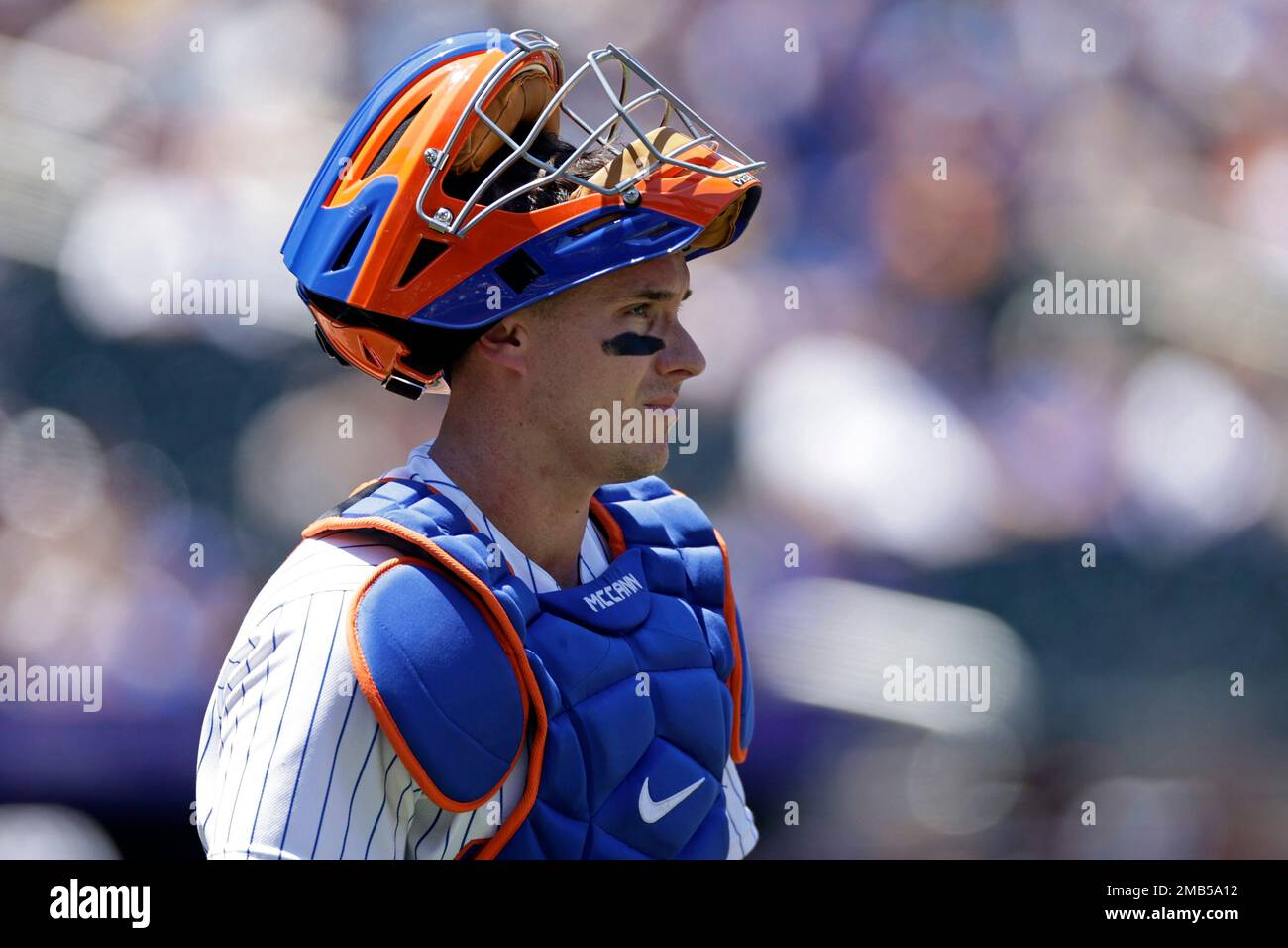 New York Mets catcher James McCann (33) looks on during the second