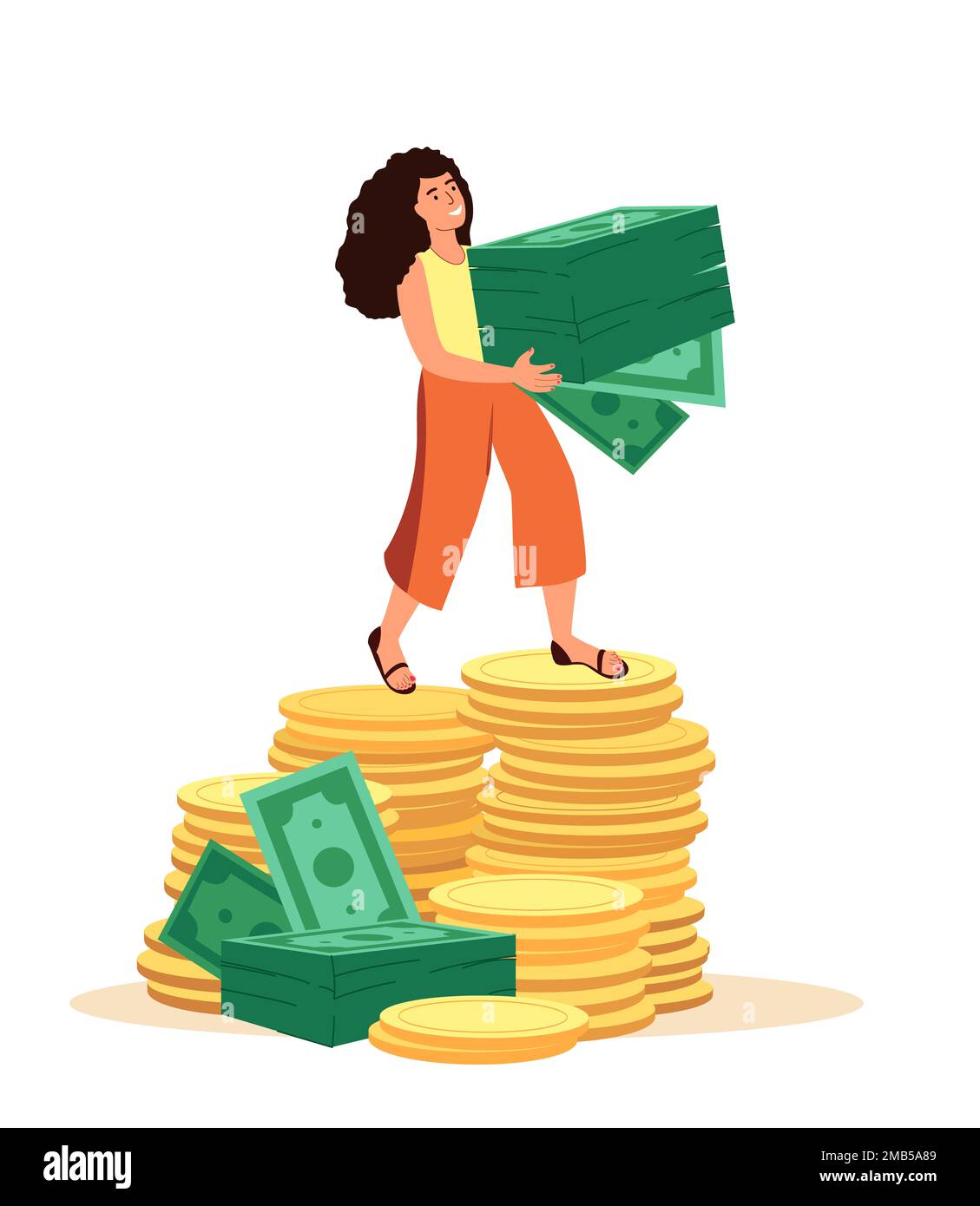 Female Character Stand on Huge Pile of Gold Coins and Money Cash.Apply for Loan,Rich,Finace Development,Wealth Concept.Investment Growth,Budget Saving Stock Photo
