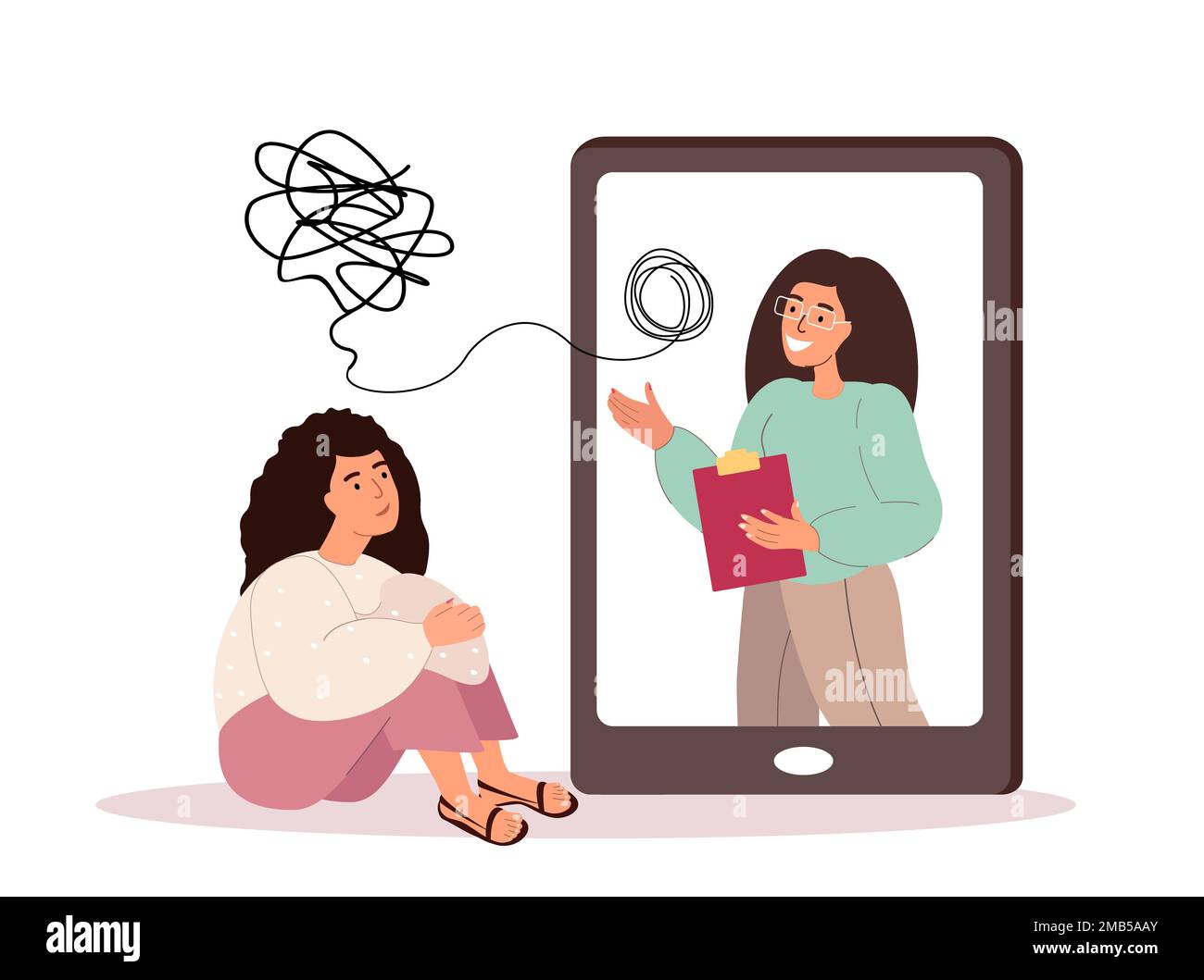Woman on psychologist online session.Woman talks about her problems to a therapist through a video call.The psychologist records the client complaints Stock Photo