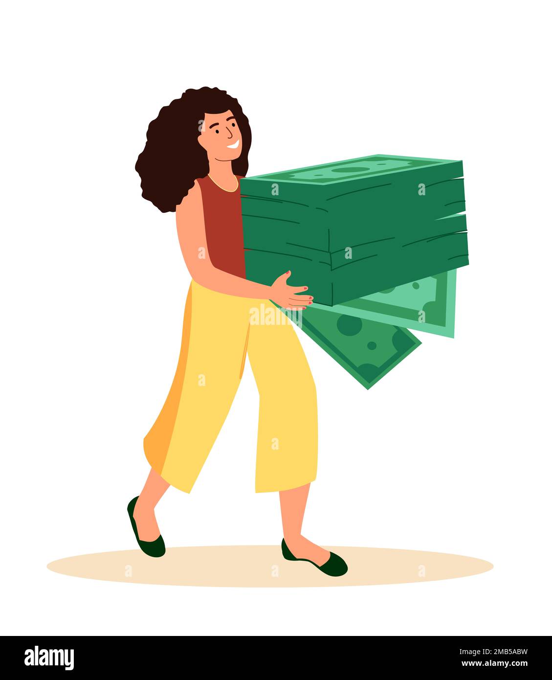 Female Character Keeps Huge Pile of Money Cash.Take a Loan for Business opening,Rich,Finace Development,Wealth Concept.Investment Growth,Budget Saving Stock Photo