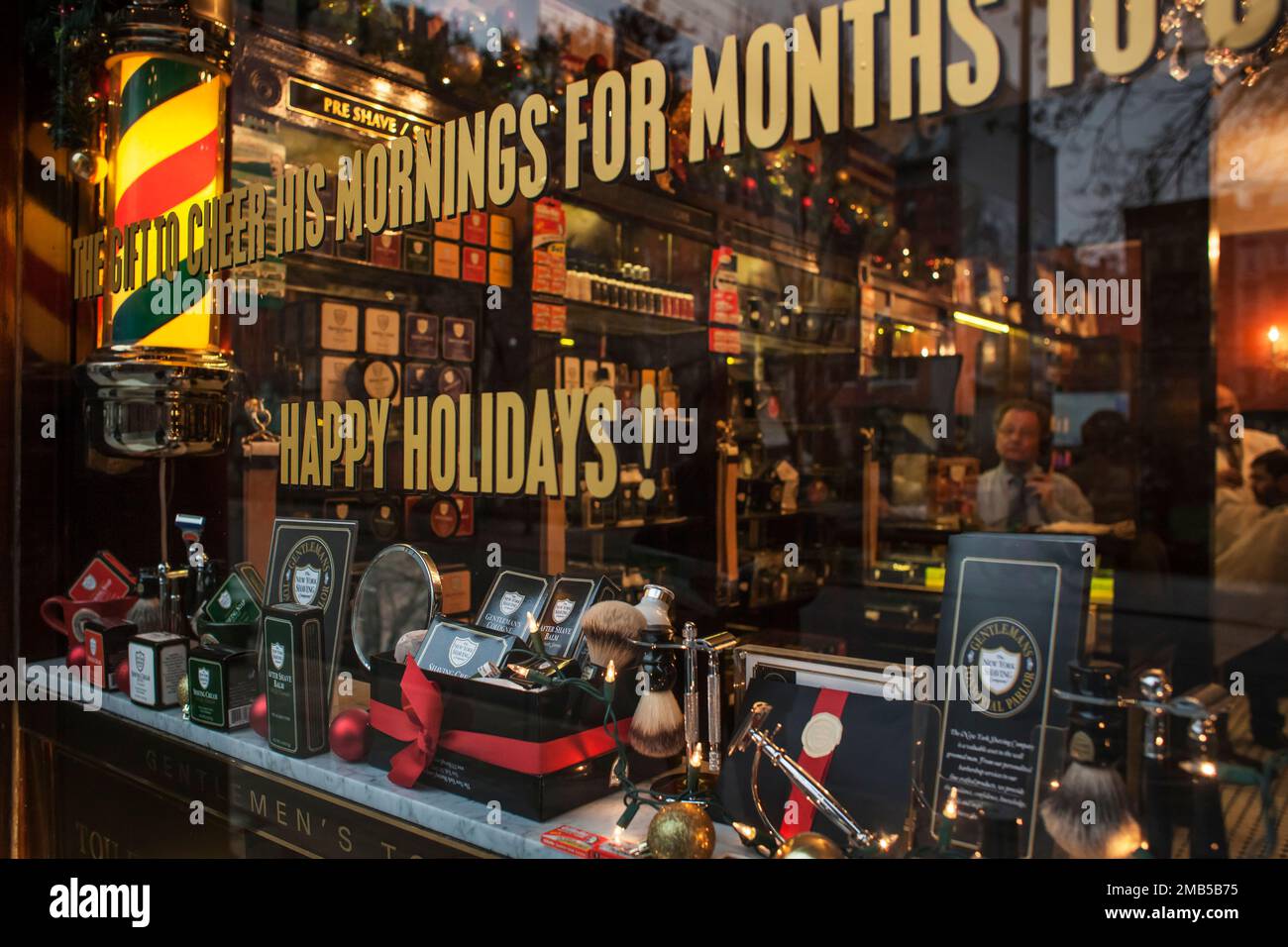 Christmas presents’ suggestions on a barbershop of the Lower East Side, New York Stock Photo
