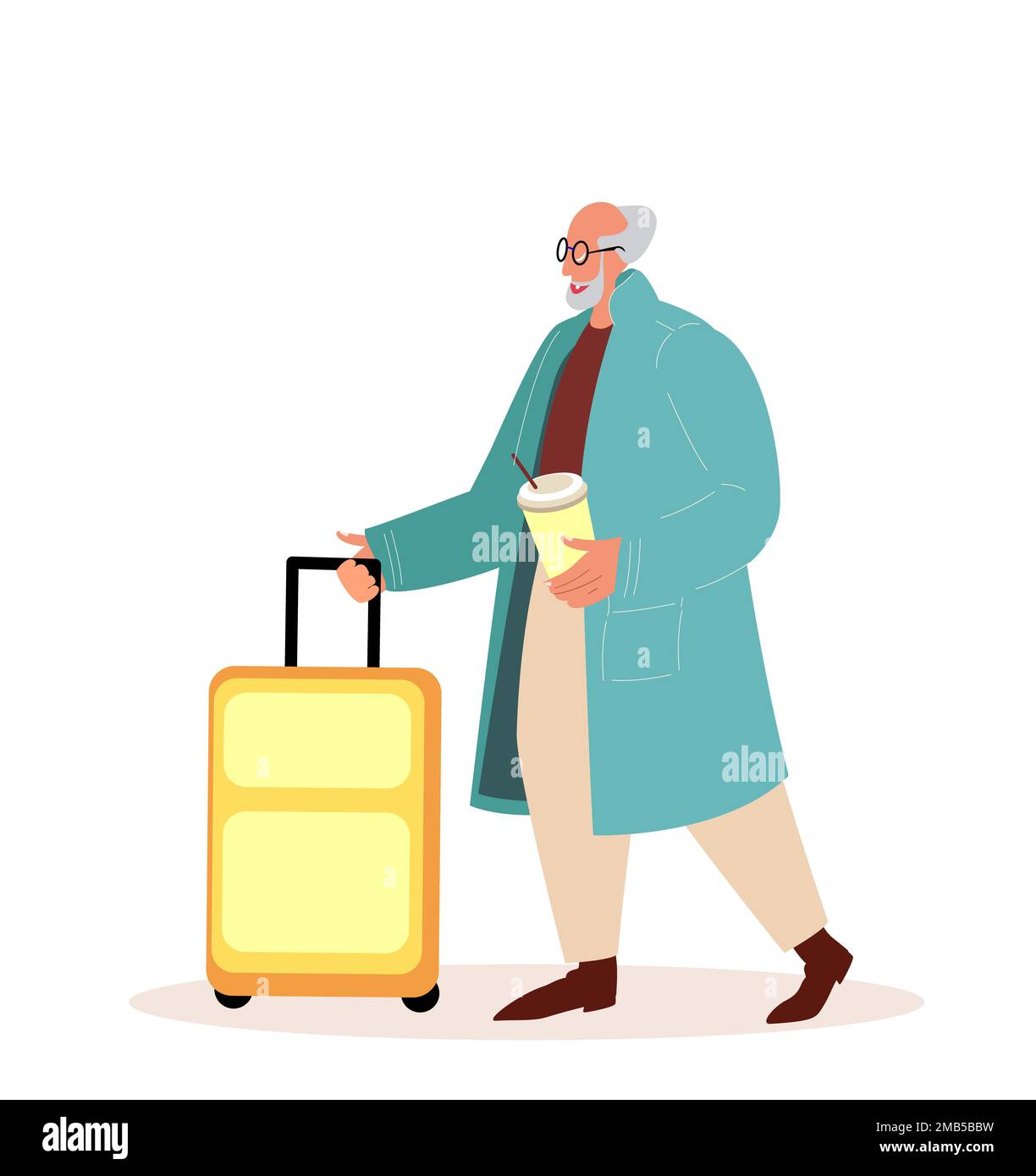 Aged Pensioner Man with Luggage Suitcase.Retired Senior Tourist Character Going to Registration in Airport,Elderly Person Travel Voyage Abroad. Flat V Stock Photo