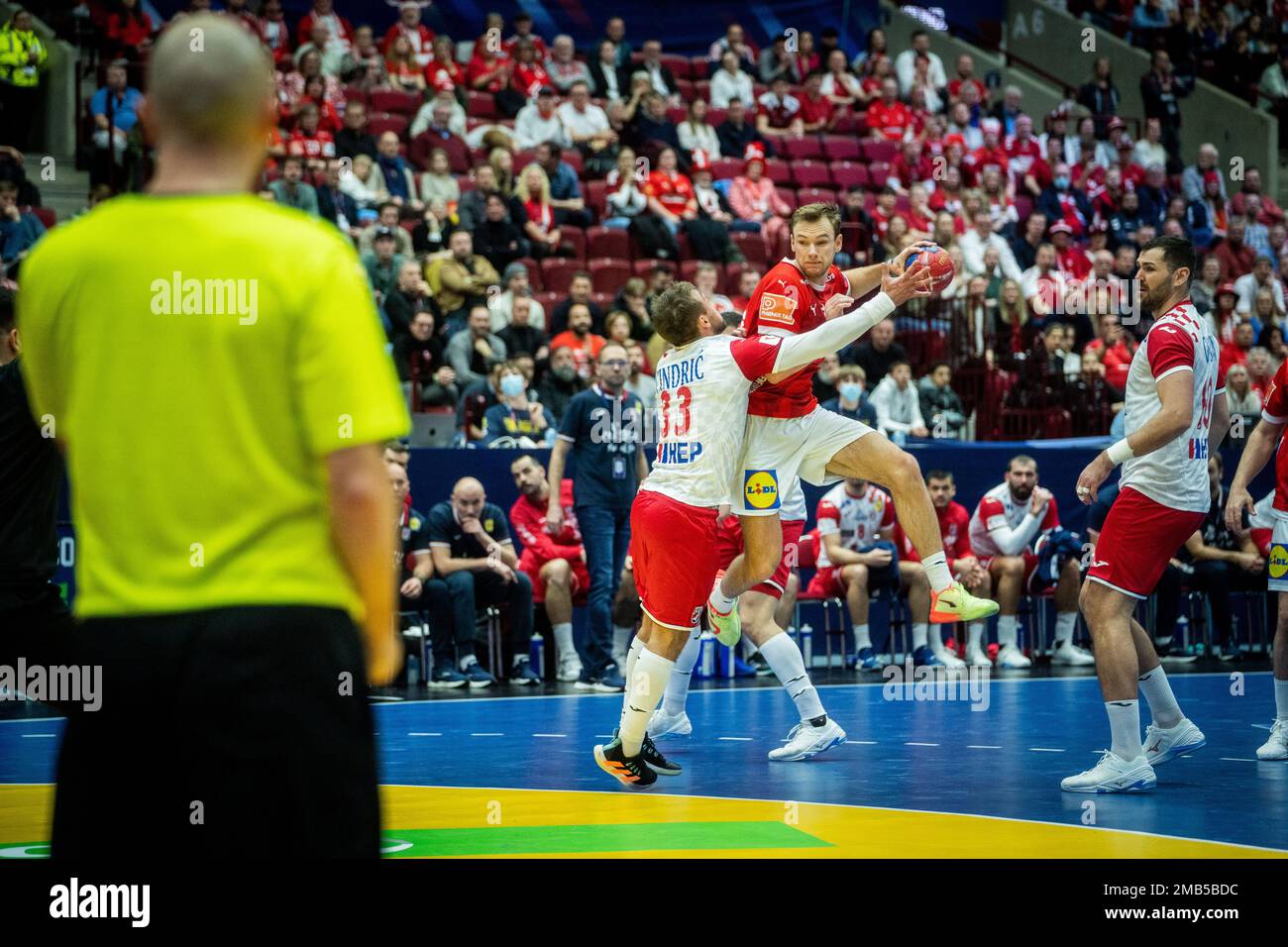 Malmo, Sweden. 19th Jan, 2023. Mathias Gidsel (19) of Denmark and Luka