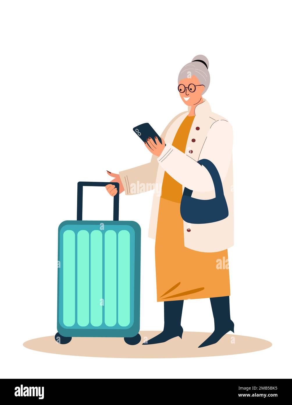 Aged Pensioner Grandma with Luggage Suitcase.Retired Senior Tourist Character Going to Registration in Airport,Elderly Person Travel Voyage Abroad.Fla Stock Photo