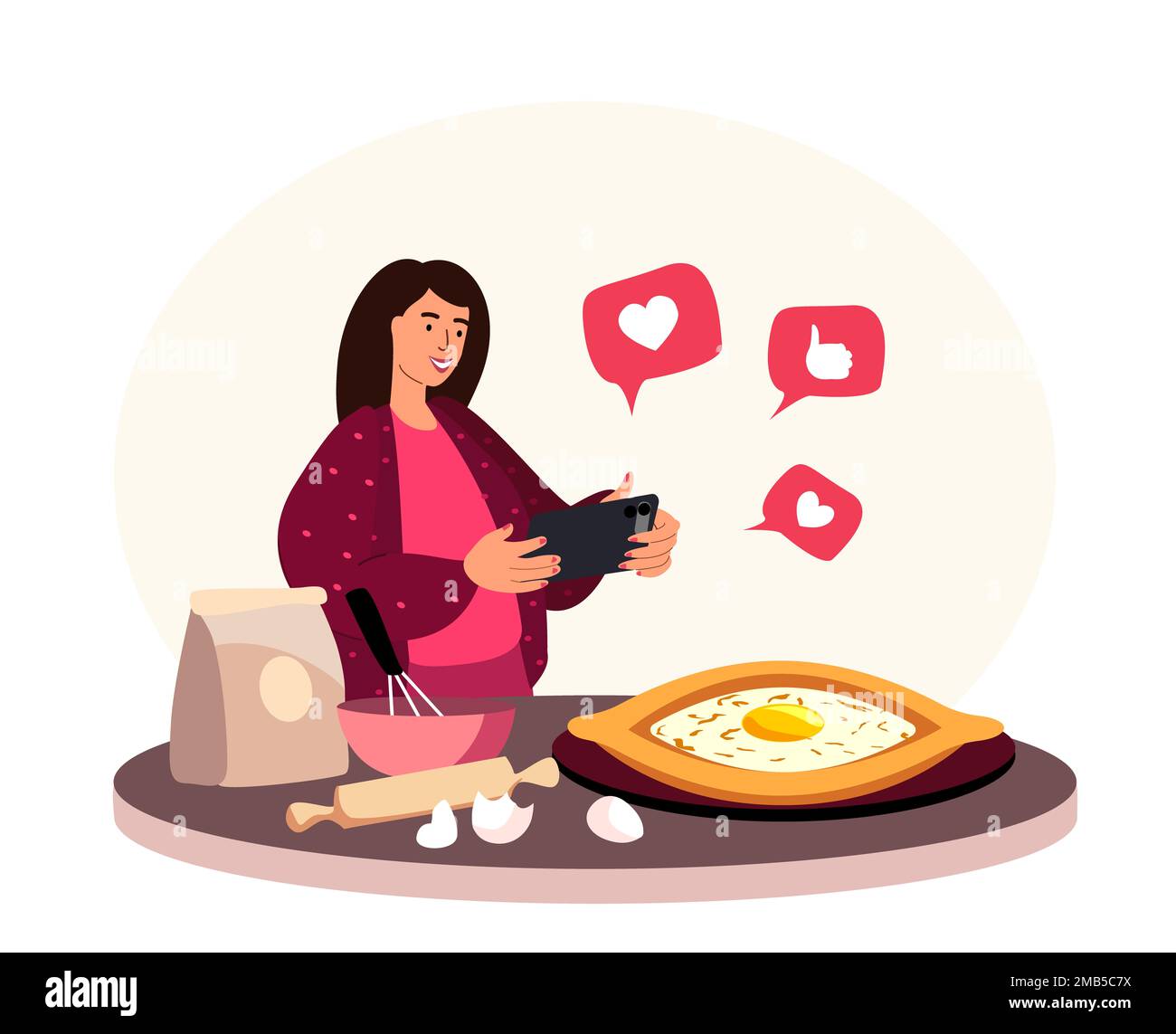 Food Blogging Concept.Female Blogger Character with Smartphone Take Photo of Prepared Dish Traditional Georgian Baked Khachapuri Video Blog.Foodie Cha Stock Photo
