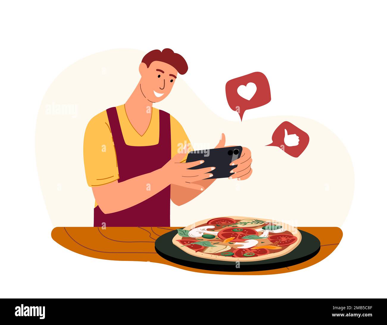 Food Blogging Concept.Male Blogger Character with Smartphone Take Photo of Prepared Italian Dish Cheese Pizza for Video Blog.Food Hunter Review,Foodie Stock Photo
