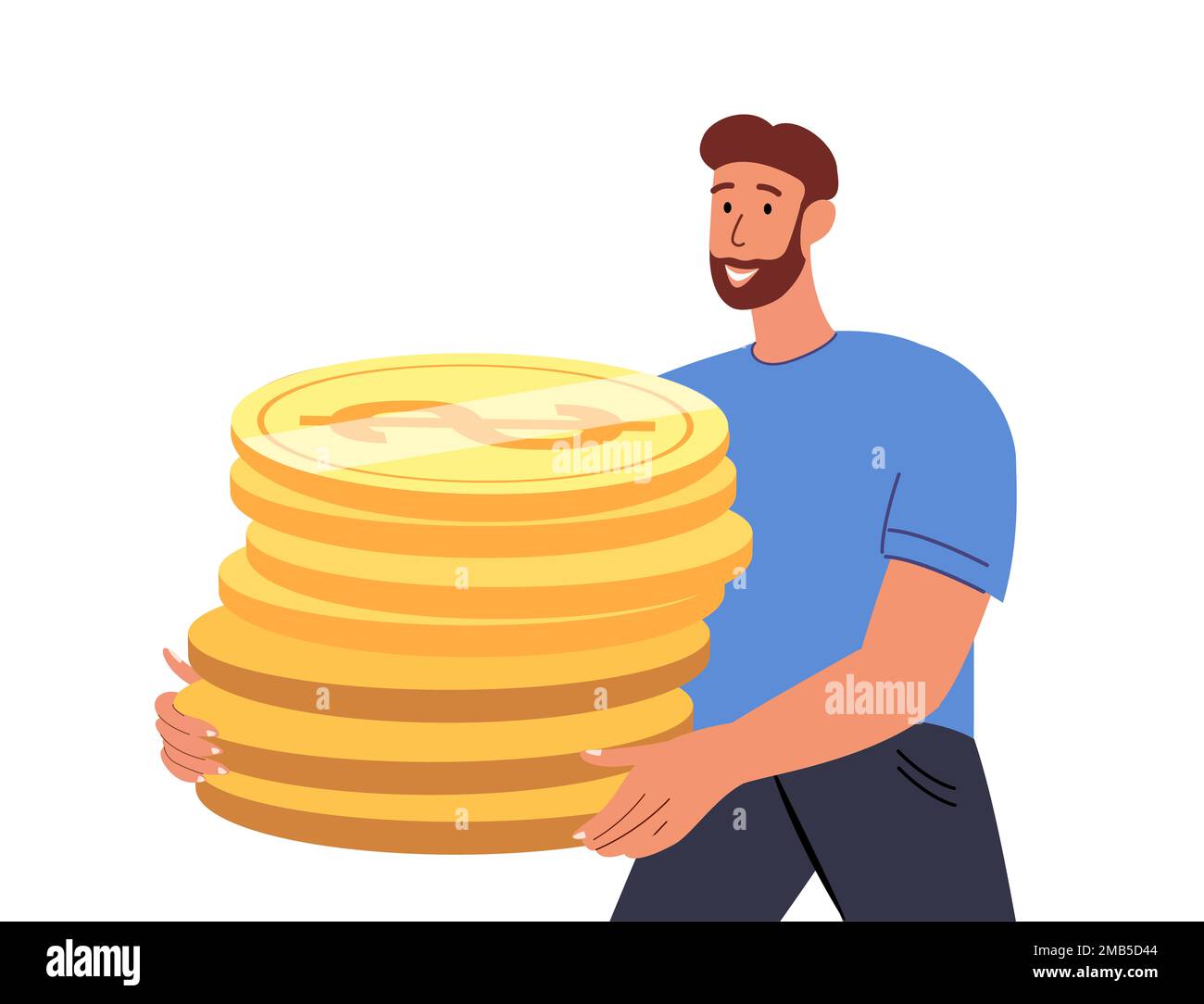 Happy Smiling Young Male Character Holding Pile of Huge Golden Coins.Concept of Financial Wealth,Money Savings and Accumulation,Savings,Wealthy Life,J Stock Photo