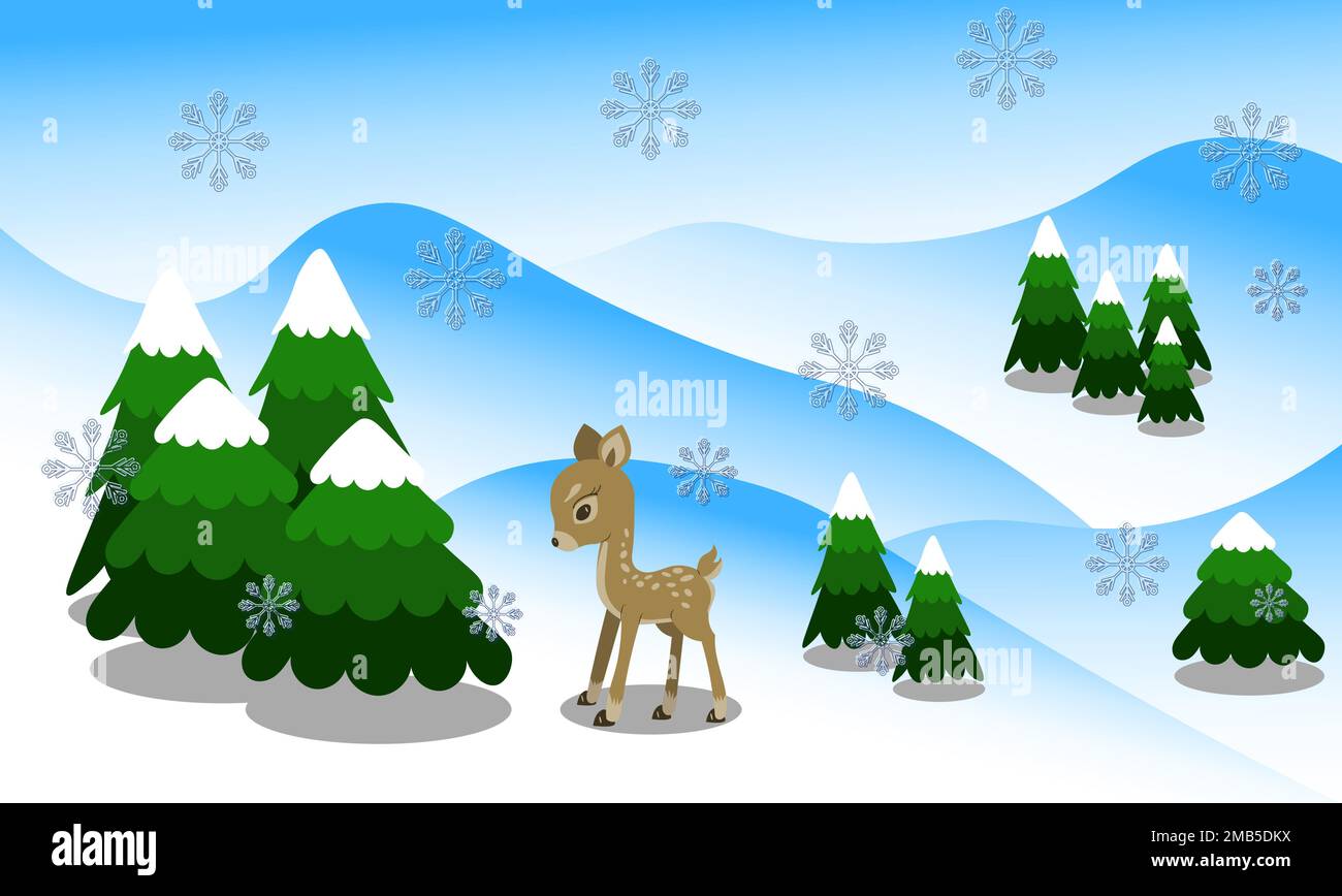 New Year and Christmas background with little baby deer among snowy winter forest Stock Vector