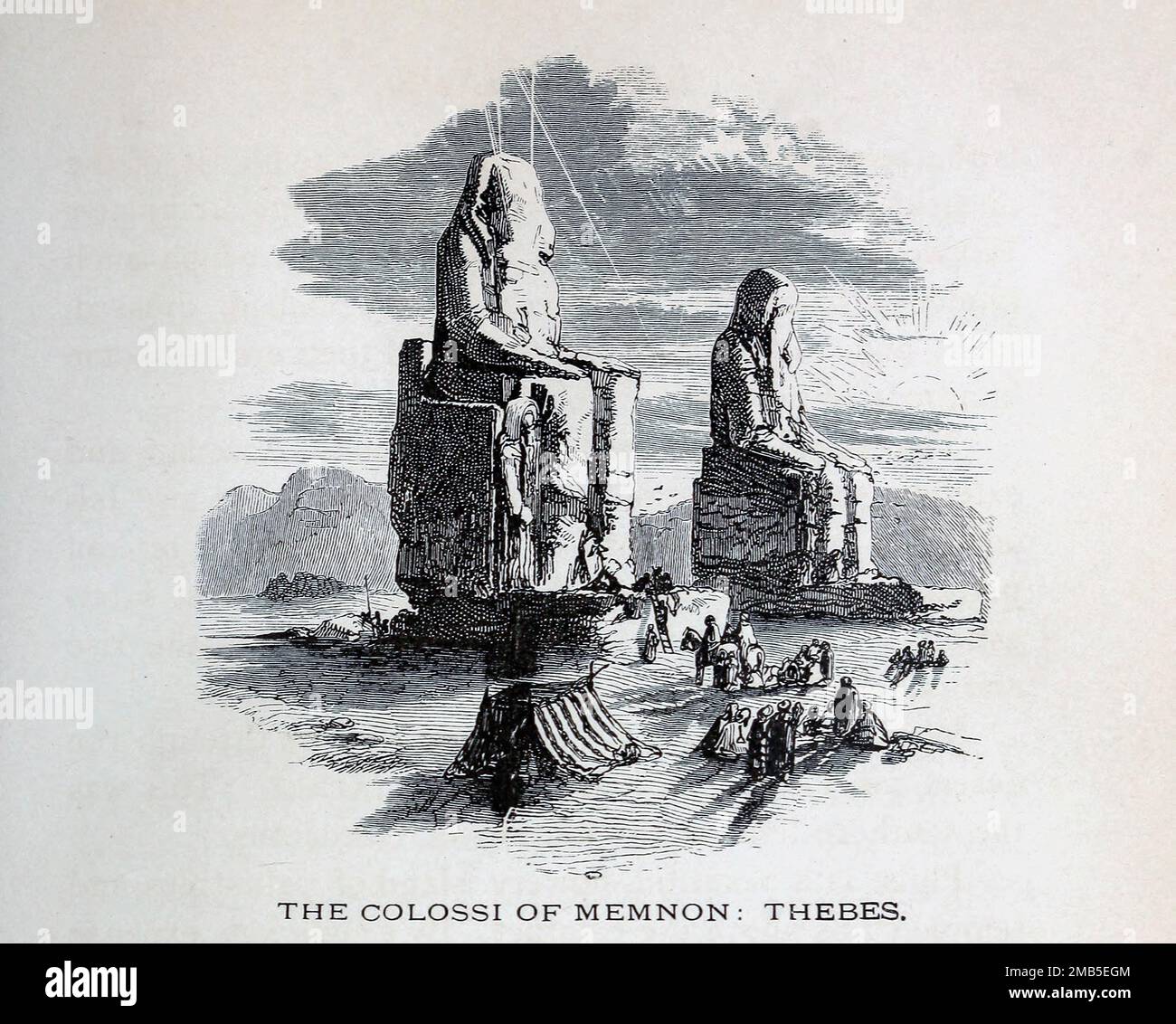 Colossi of Memnon : Thebes engraving from the book ' Through Bible lands : notes of travel in Egypt, the desert, and Palestine ' by Philip Schaff, 1819-1893 Publisher New York : American Tract Society 1878 Stock Photo