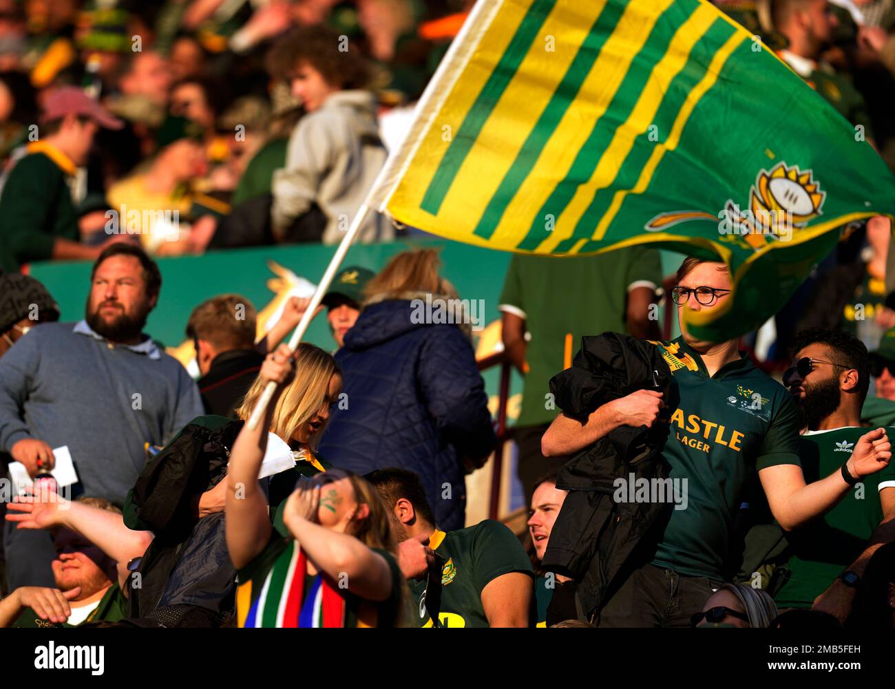 Fans watch the Rugby Championship test between South Africa and Wales at Loftus Versfeld Stadium in Pretoria, South Africa, Saturday, July 2, 2022