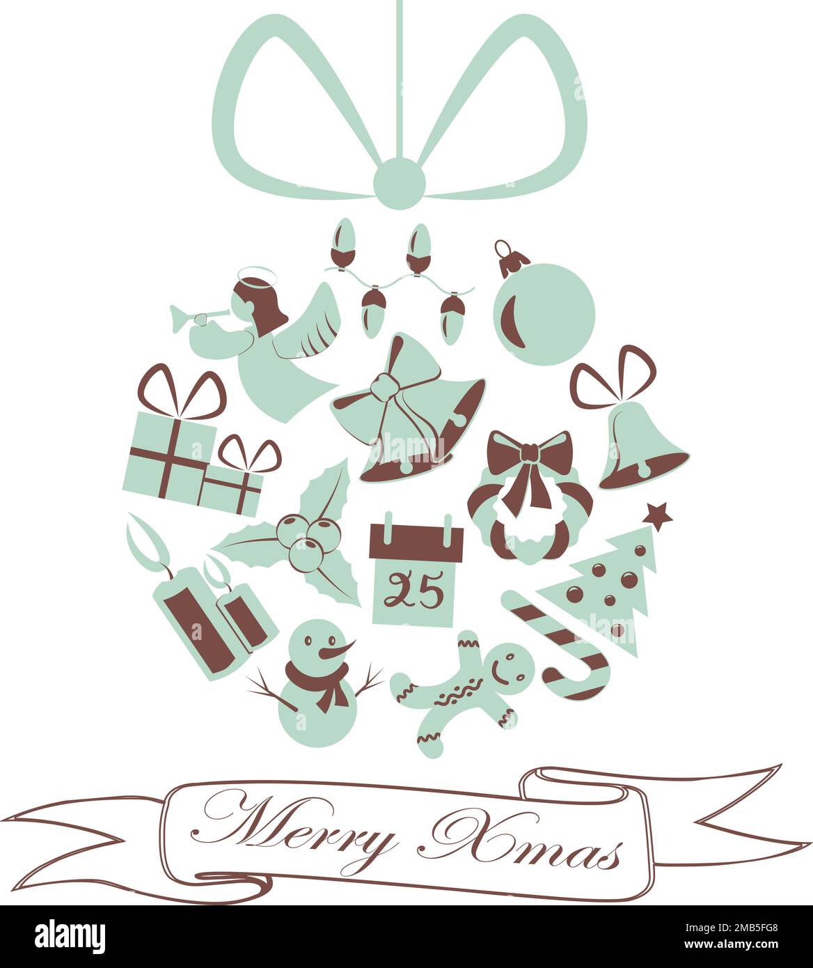 Merry Christmas and Happy New Year greeting card with lettering and Christmas decorations on transparent back Stock Vector