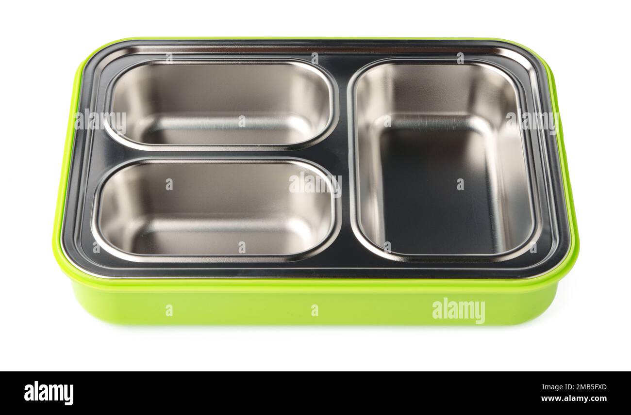 Empty lunch box with metal compartments isolated on white background