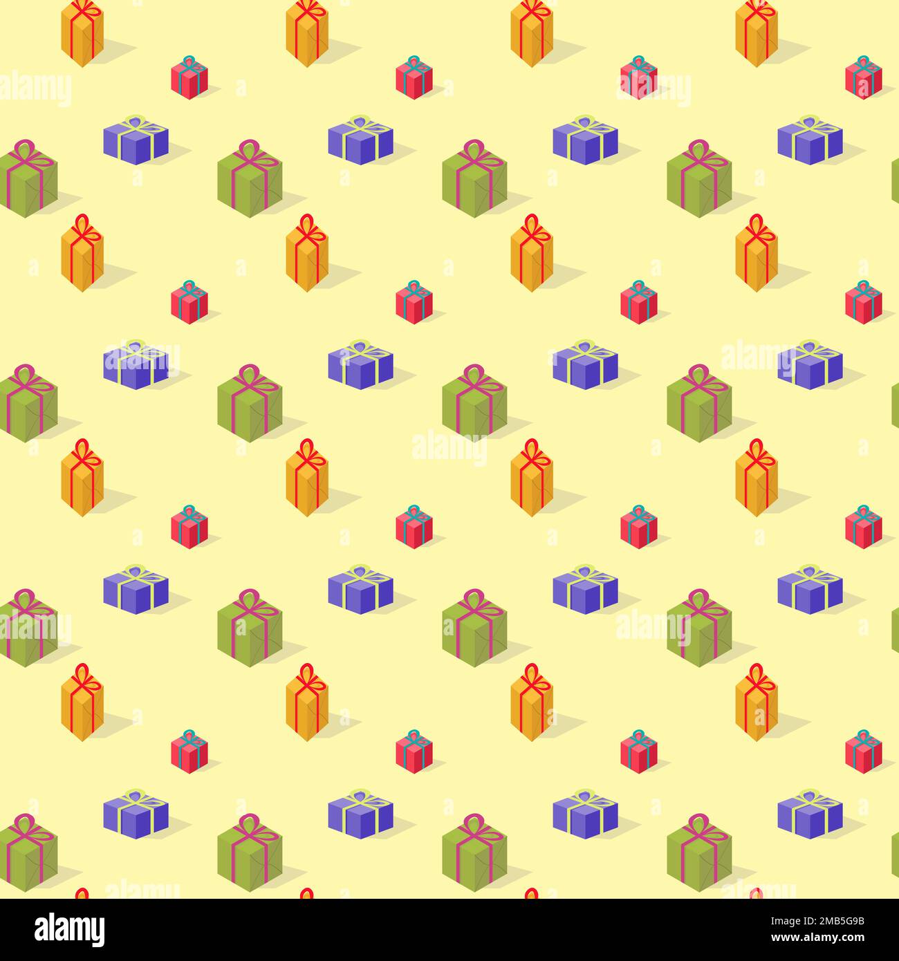 Seamless pattern with colored gift boxes on light yellow background Stock Vector