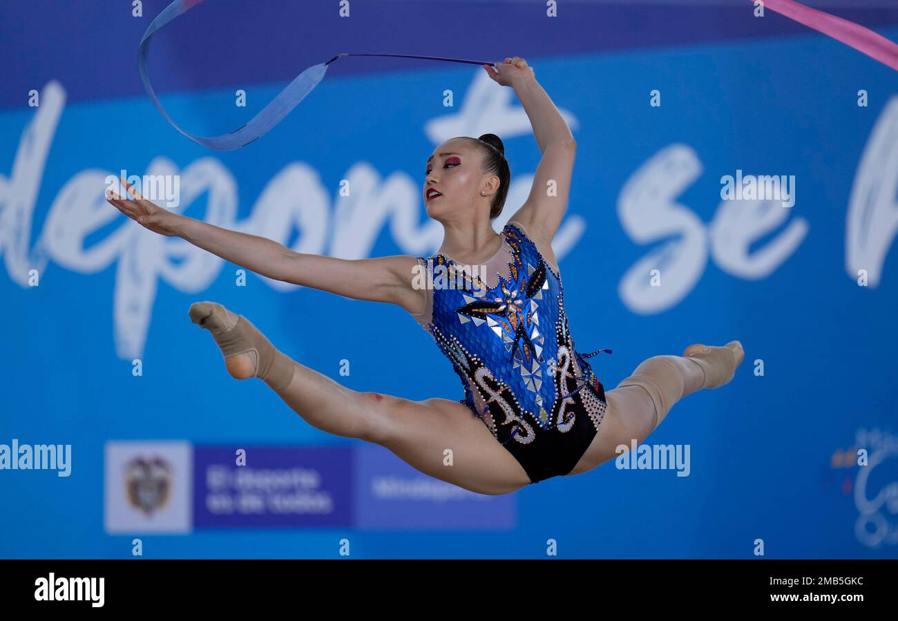 Vanessa Galindo of Colombia performs during rhythmic gymnastics individual all-around qualifier at the Bolivarian Gamesin Valledupar, Colombia, Saturday, July 2, 2022
