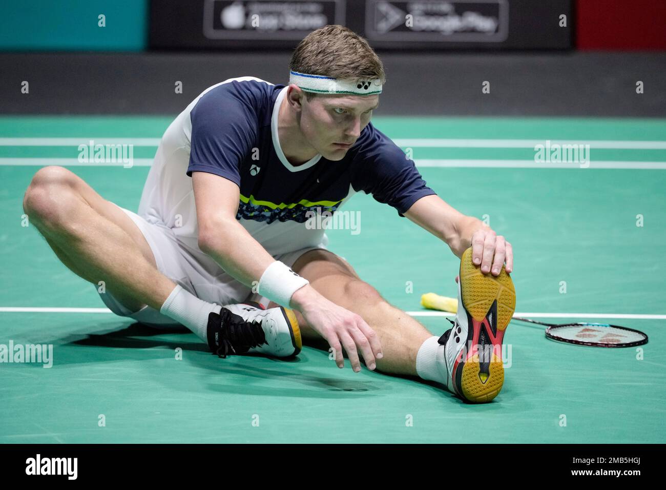Denmark's Viktor Axelsen stretching after match against Indonesia's Jonathan  Christie during their men's single semi-final match at Malaysia Open  badminton tournament at Bukit Jalil Axiata Arena in Kuala Lumpur, Malaysia,  Saturday, July