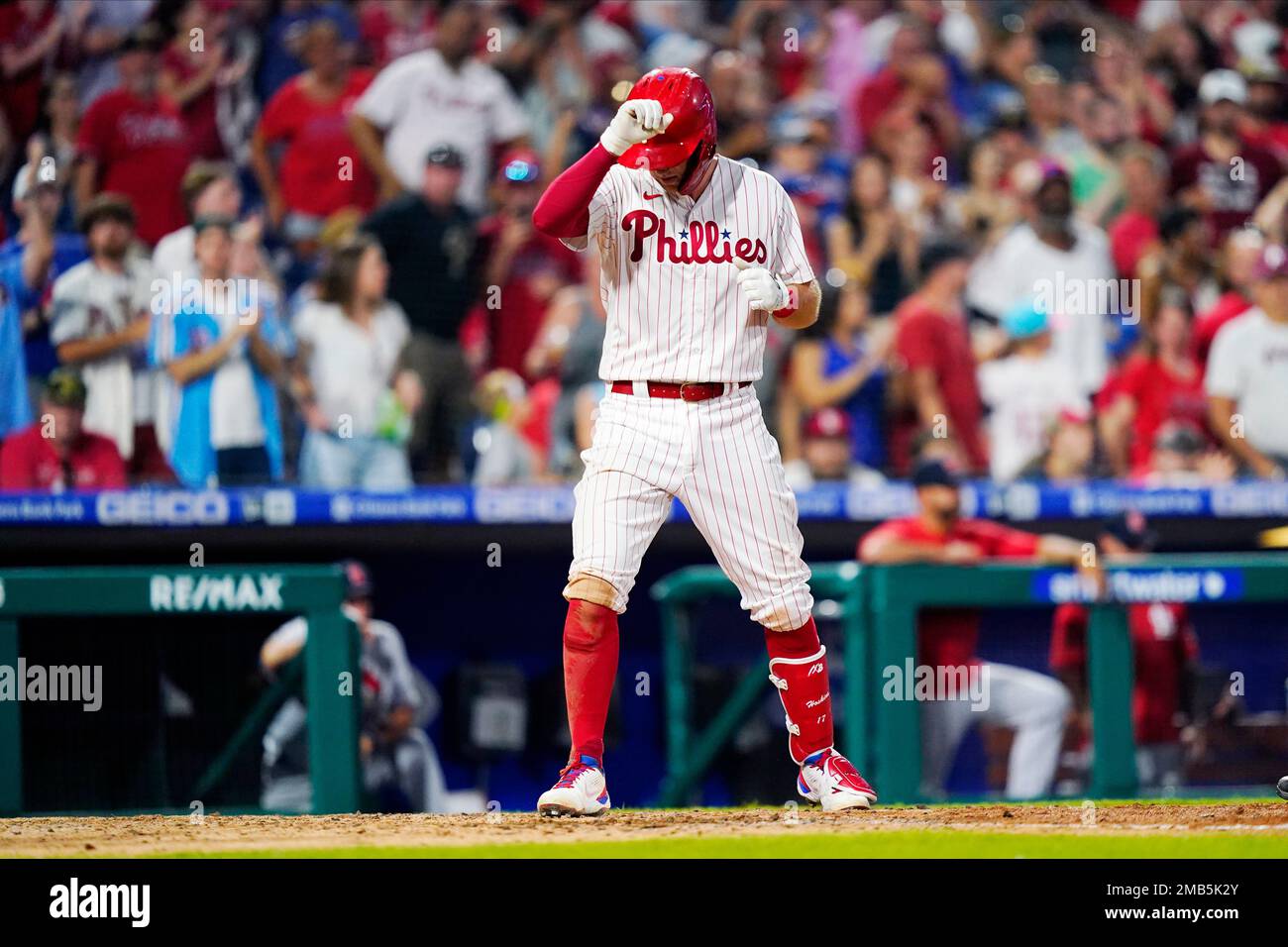 Philadelphia Phillies' Rhys Hoskins reacts after hitting a home run during  a baseball game, Friday, July 1, 2022, in Philadelphia. (AP Photo/Matt  Slocum Stock Photo - Alamy