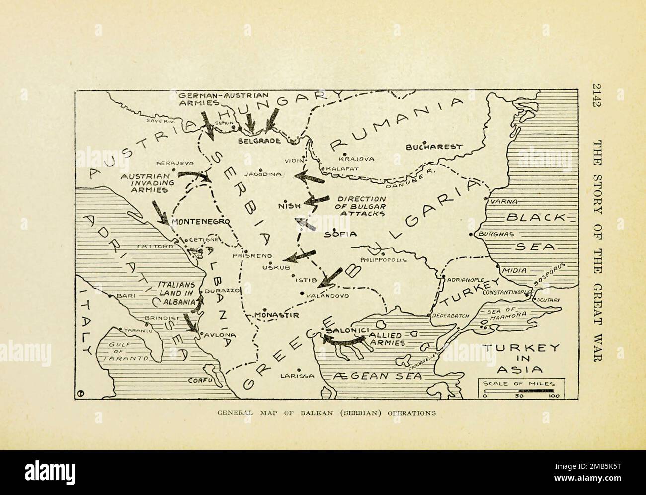 General Map of Balkan (Serbian) Operations, from the book The story of the great war; the complete historical records of events to date DIPLOMATIC AND STATE PAPERS by Reynolds, Francis Joseph, 1867-1937; Churchill, Allen Leon; Miller, Francis Trevelyan, 1877-1959; Wood, Leonard, 1860-1927; Knight, Austin Melvin, 1854-1927; Palmer, Frederick, 1873-1958; Simonds, Frank Herbert, 1878-; Ruhl, Arthur Brown, 1876-  Volume VII Published 1920 Stock Photo