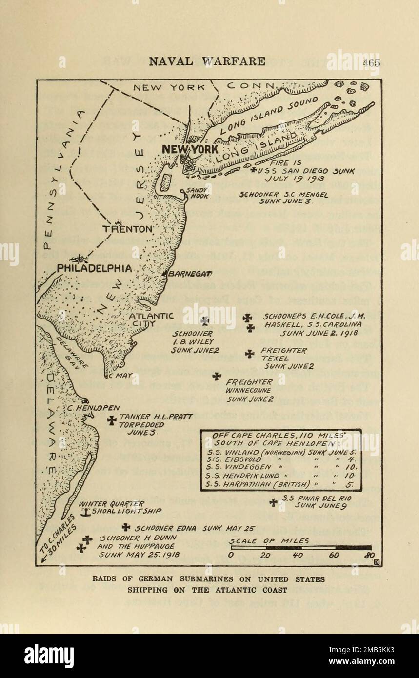 Raids of German Submarines on United States shipping on the Atlantic coast from the book The story of the great war; the complete historical records of events to date DIPLOMATIC AND STATE PAPERS by Reynolds, Francis Joseph, 1867-1937; Churchill, Allen Leon; Miller, Francis Trevelyan, 1877-1959; Wood, Leonard, 1860-1927; Knight, Austin Melvin, 1854-1927; Palmer, Frederick, 1873-1958; Simonds, Frank Herbert, 1878-; Ruhl, Arthur Brown, 1876-  Volume VII Published 1920 Stock Photo