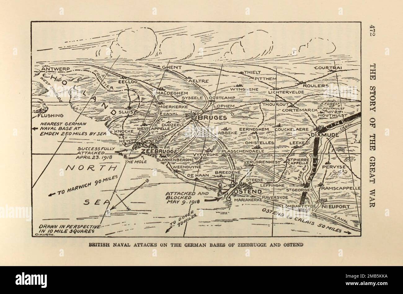 British Naval Attacks on the German bases of Zeebrugge and Ostend in Belgium from the book The story of the great war; the complete historical records of events to date DIPLOMATIC AND STATE PAPERS by Reynolds, Francis Joseph, 1867-1937; Churchill, Allen Leon; Miller, Francis Trevelyan, 1877-1959; Wood, Leonard, 1860-1927; Knight, Austin Melvin, 1854-1927; Palmer, Frederick, 1873-1958; Simonds, Frank Herbert, 1878-; Ruhl, Arthur Brown, 1876-  Volume VII Published 1920 Stock Photo