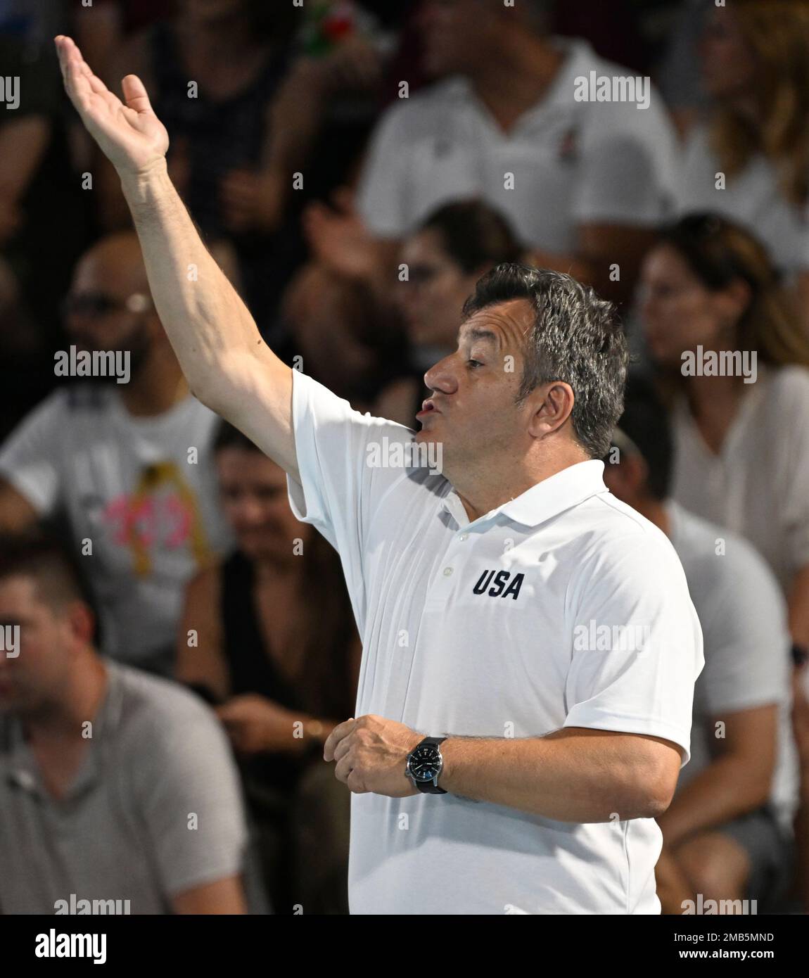 United States coach Dejan Udovicic during the Mens water polo classification match between Hungary and the United States at the 19th FINA World Championships in Budapest, Hungary, Friday, July 1, 2022