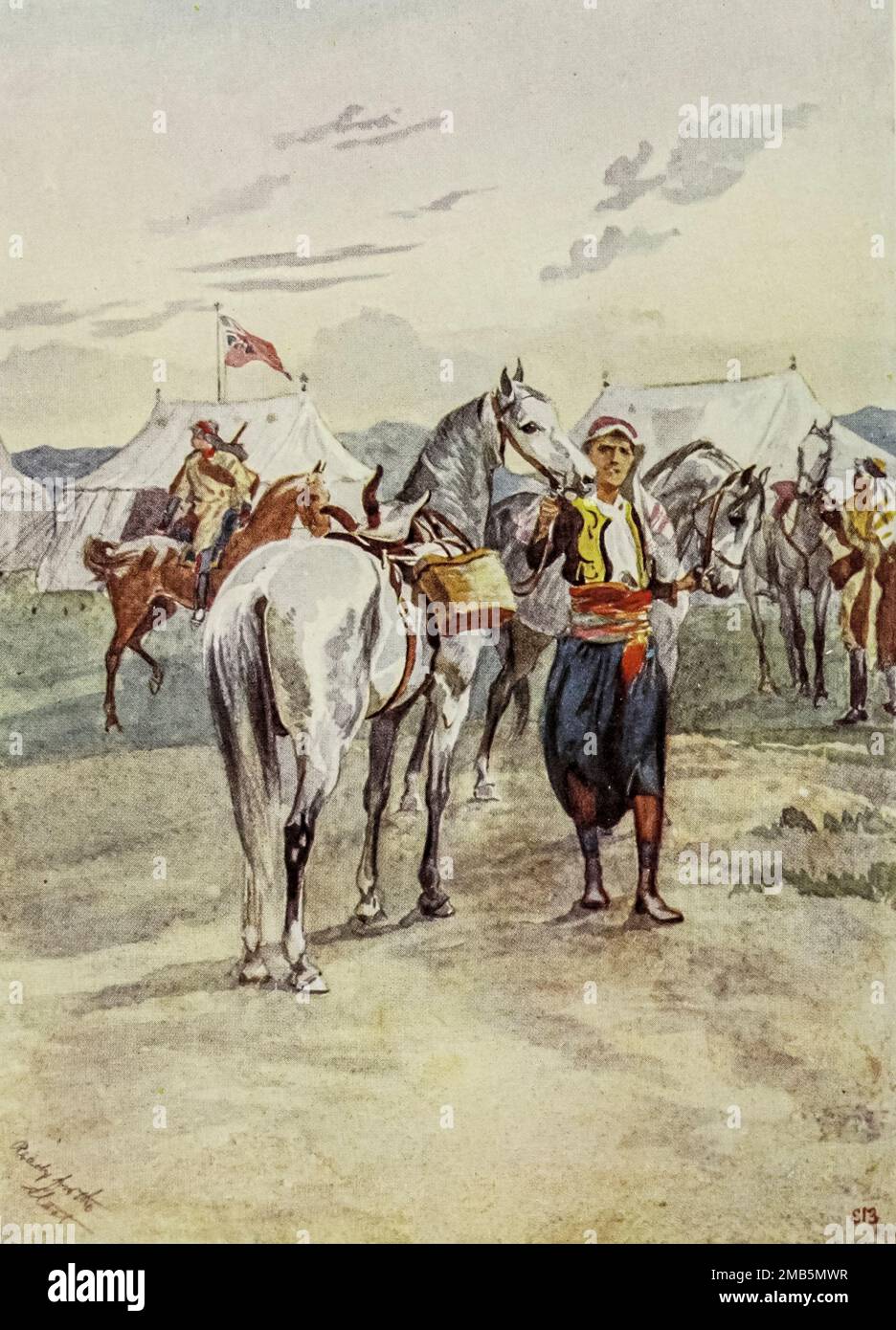 Horses in the British Camp frontispiece from the book ' Letters from the Holy land ' by Elizabeth Butler, Published in London by Adam & Charles Black first published in 1903 and reprint in 1906 Stock Photo