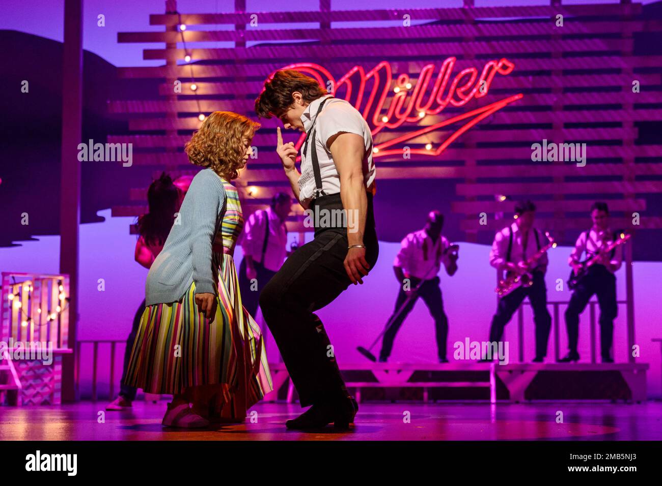 Dominion Theatre, London, UK. 20th January 2023.  Kira Malou (Baby) and Michael O'Reilly (Johnny) re-enact dances in a scene from Dirty Dancing. Following its record-breaking run last year, Dirty Dancing - The Classic Story On Stage returns to the West End until 29th April. Photo by Amanda Rose/Alamy Live News Stock Photo