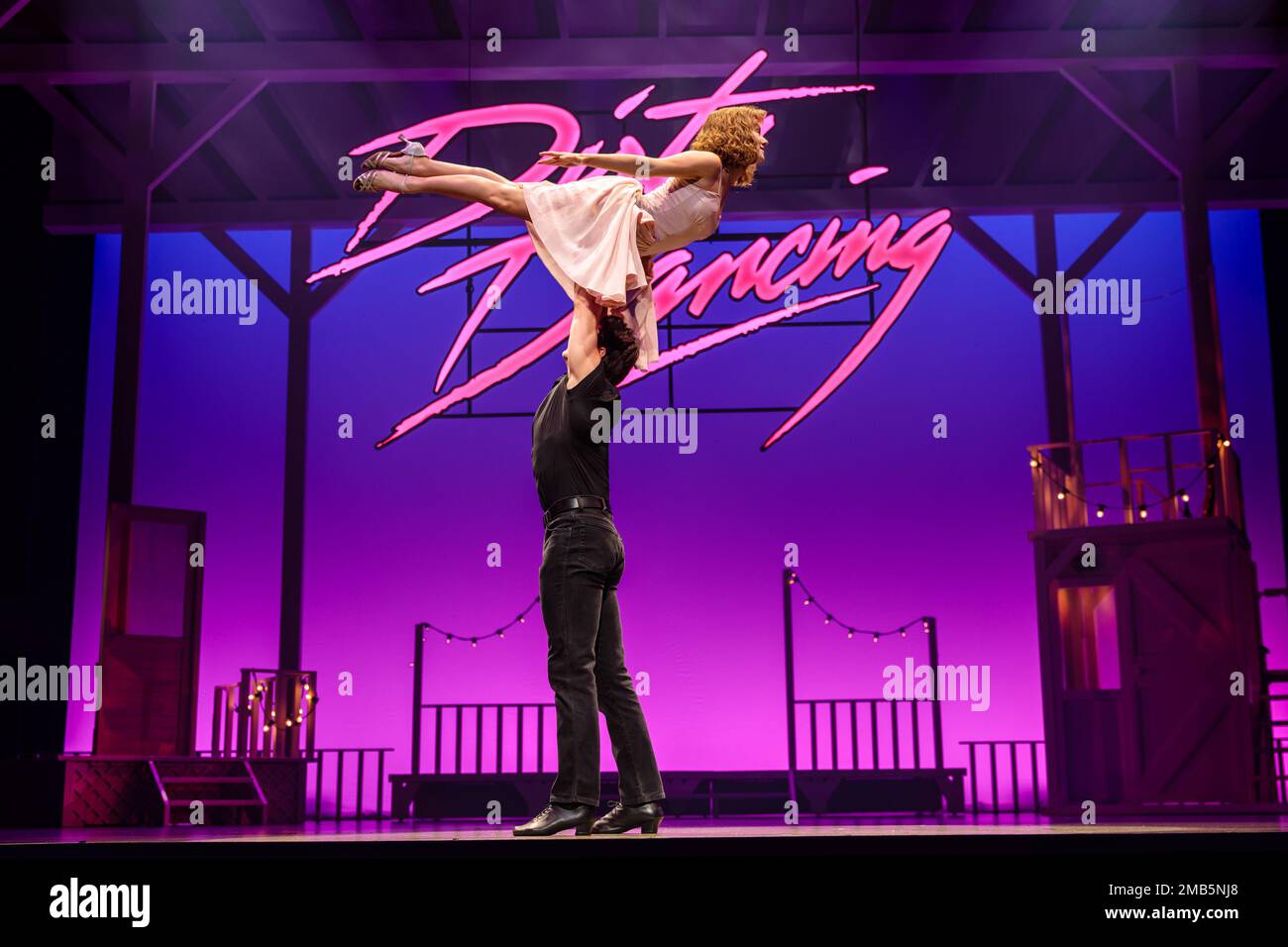 Dominion Theatre, London, UK. 20th January 2023.  Kira Malou (Baby) and Michael O'Reilly (Johnny) re-enact the iconic lift scene from Dirty Dancing. Following its record-breaking run last year, Dirty Dancing - The Classic Story On Stage returns to the West End until 29th April. Photo by Amanda Rose/Alamy Live News Stock Photo