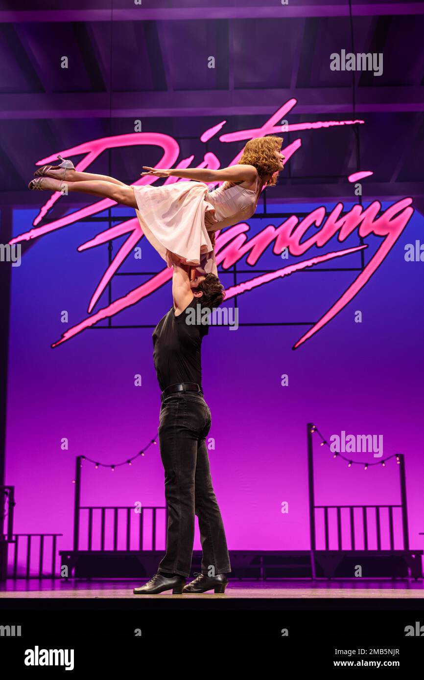 Dominion Theatre, London, UK. 20th January 2023.  Kira Malou (Baby) and Michael O'Reilly (Johnny) re-enact the iconic lift scene from Dirty Dancing. Following its record-breaking run last year, Dirty Dancing - The Classic Story On Stage returns to the West End until 29th April. Photo by Amanda Rose/Alamy Live News Stock Photo