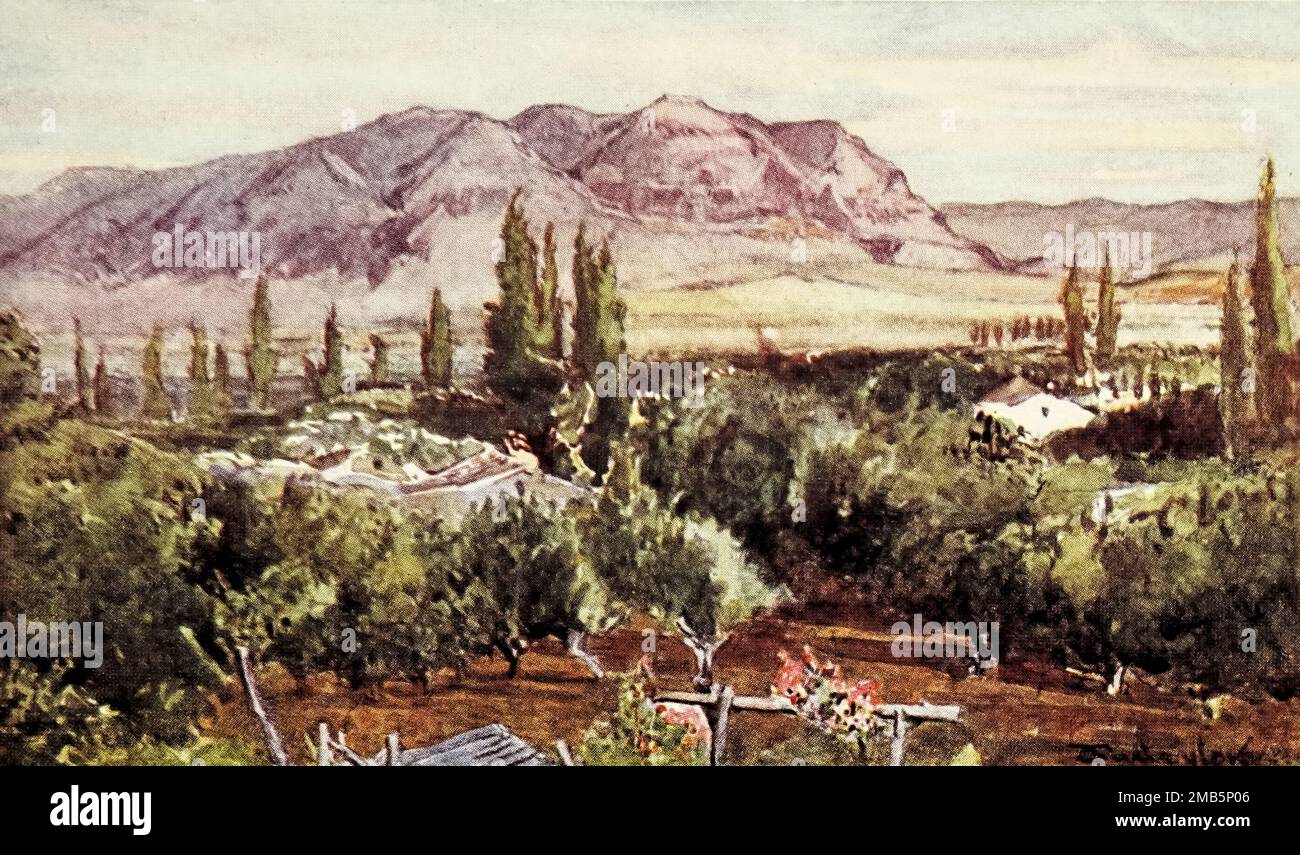 THE MOUNT OF TEMPTATION FROM JERICHO Painted by John Fulleylove from the book ' The Holy land ' Described by John Kelman 1864-1929 Publication date 1902 Publisher London : A. & C. Black Stock Photo