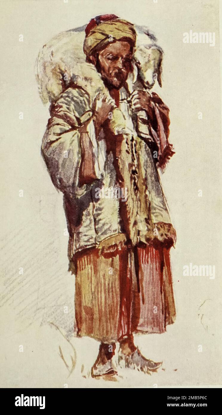 SYRIAN SHEPHERD (ABU MUSTAPHA) CARRYING A LAMB ON HIS SHOULDERS Painted by John Fulleylove from the book ' The Holy land ' Described by John Kelman 1864-1929 Publication date 1902 Publisher London : A. & C. Black Stock Photo
