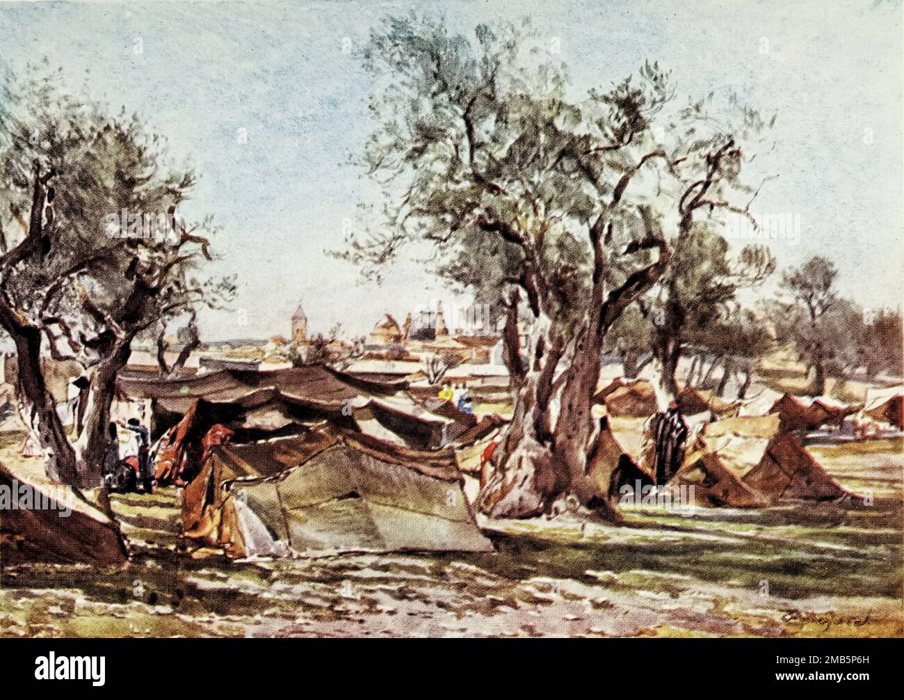 BEDOUIN ENCAMPMENT OUTSIDE THE NORTH WALL OF JERUSALEM Painted by John Fulleylove from the book ' The Holy land ' Described by John Kelman 1864-1929 Publication date 1902 Publisher London : A. & C. Black Stock Photo
