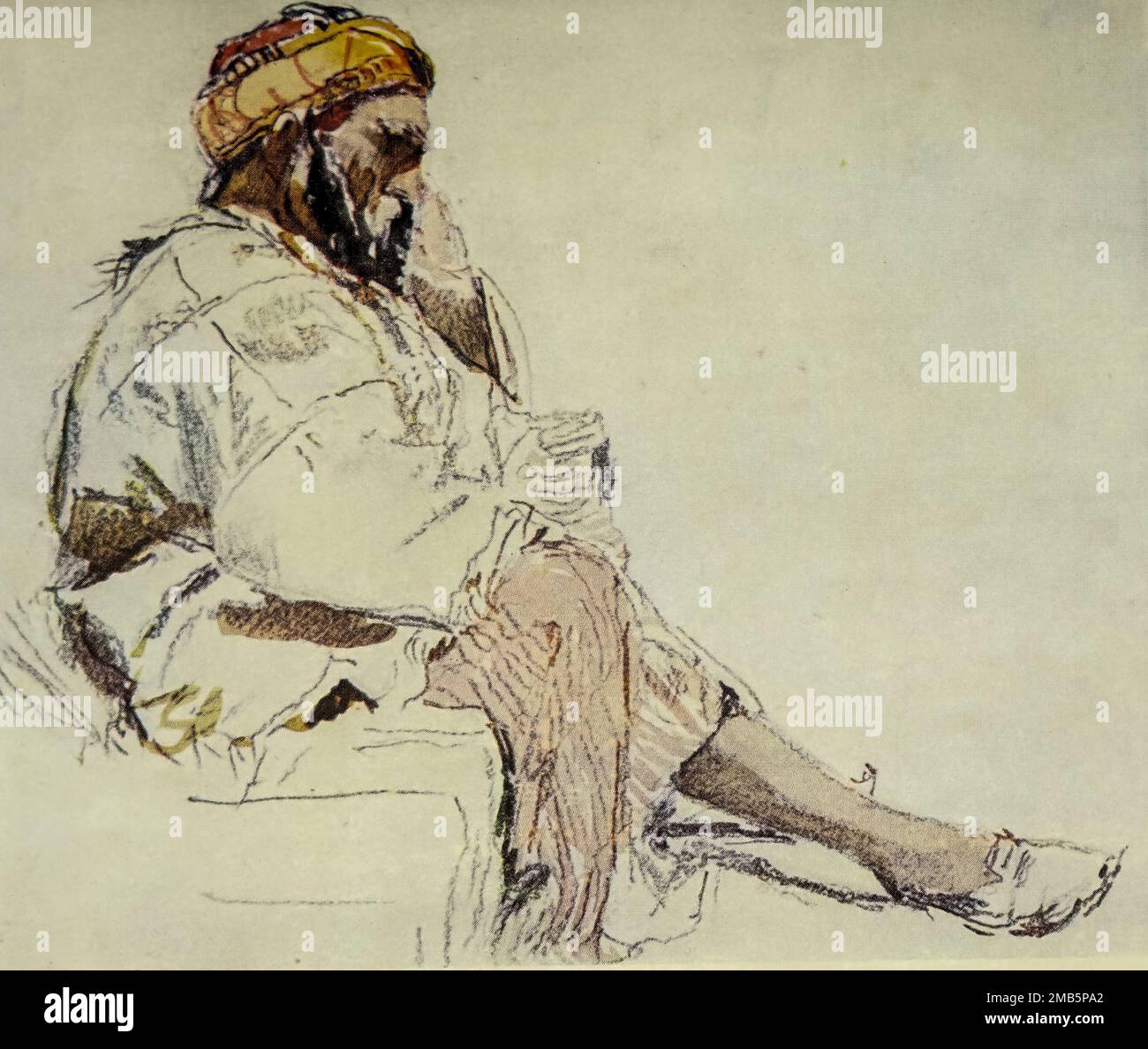 Seated figure of Syrian Shepherd in Sheepskin Coat Painted by John Fulleylove from the book ' The Holy land ' Described by John Kelman 1864-1929 Publication date 1902 Publisher London : A. & C. Black Stock Photo