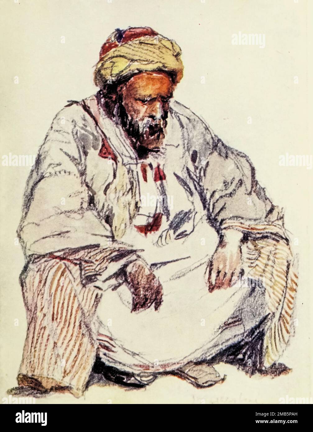Seated figure of Syrian Shepherd in Sheepskin Coat Painted by John Fulleylove from the book ' The Holy land ' Described by John Kelman 1864-1929 Publication date 1902 Publisher London : A. & C. Black Stock Photo