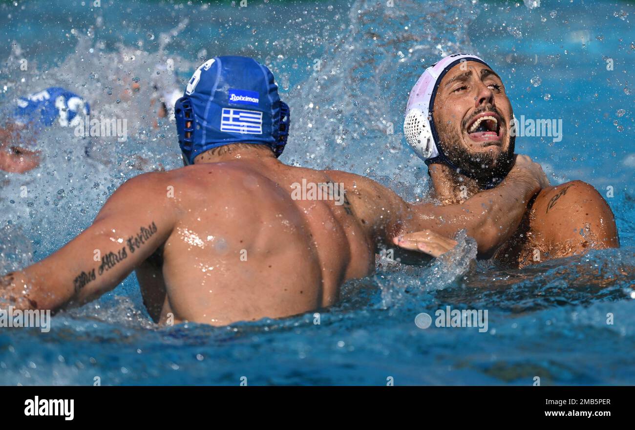 Gonzalo Echenique of Italy, right, and Alexandros Papanastasiou of Greece  in action during the Men's water polo semifinal match between Italy and  Greece at the 19th FINA World Championships in Budapest, Hungary,