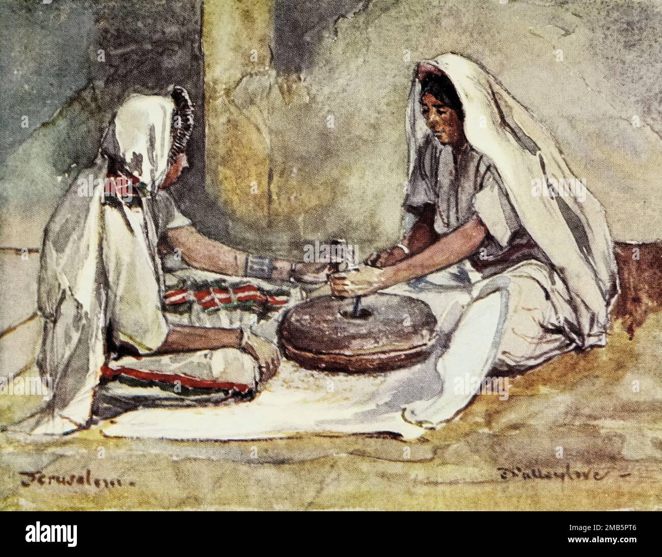 Two Women grinding at a Hand-Mill Painted by John Fulleylove from the book ' The Holy land ' Described by John Kelman 1864-1929 Publication date 1902 Publisher London : A. & C. Black Stock Photo