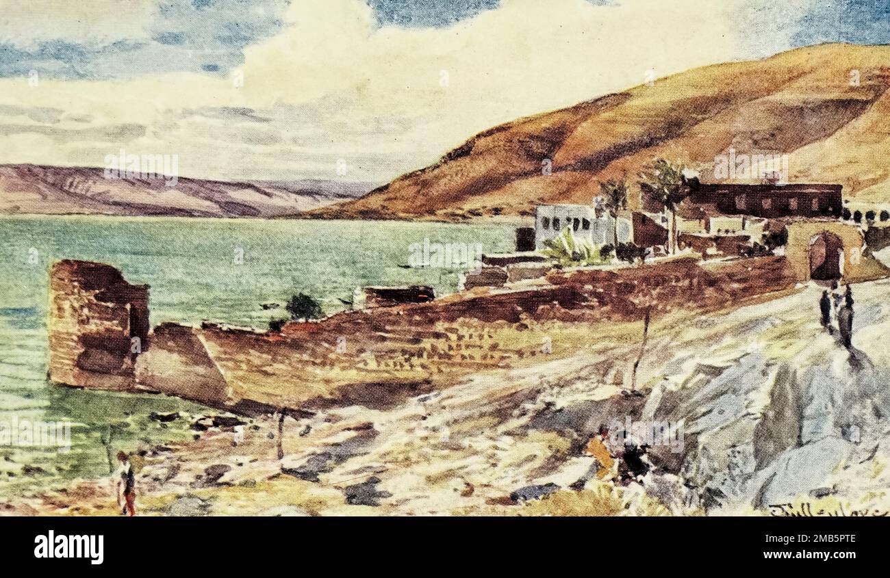The Lake of Galilee, looking South from Tiberias Painted by John Fulleylove from the book ' The Holy land ' Described by John Kelman 1864-1929 Publication date 1902 Publisher London : A. & C. Black Stock Photo