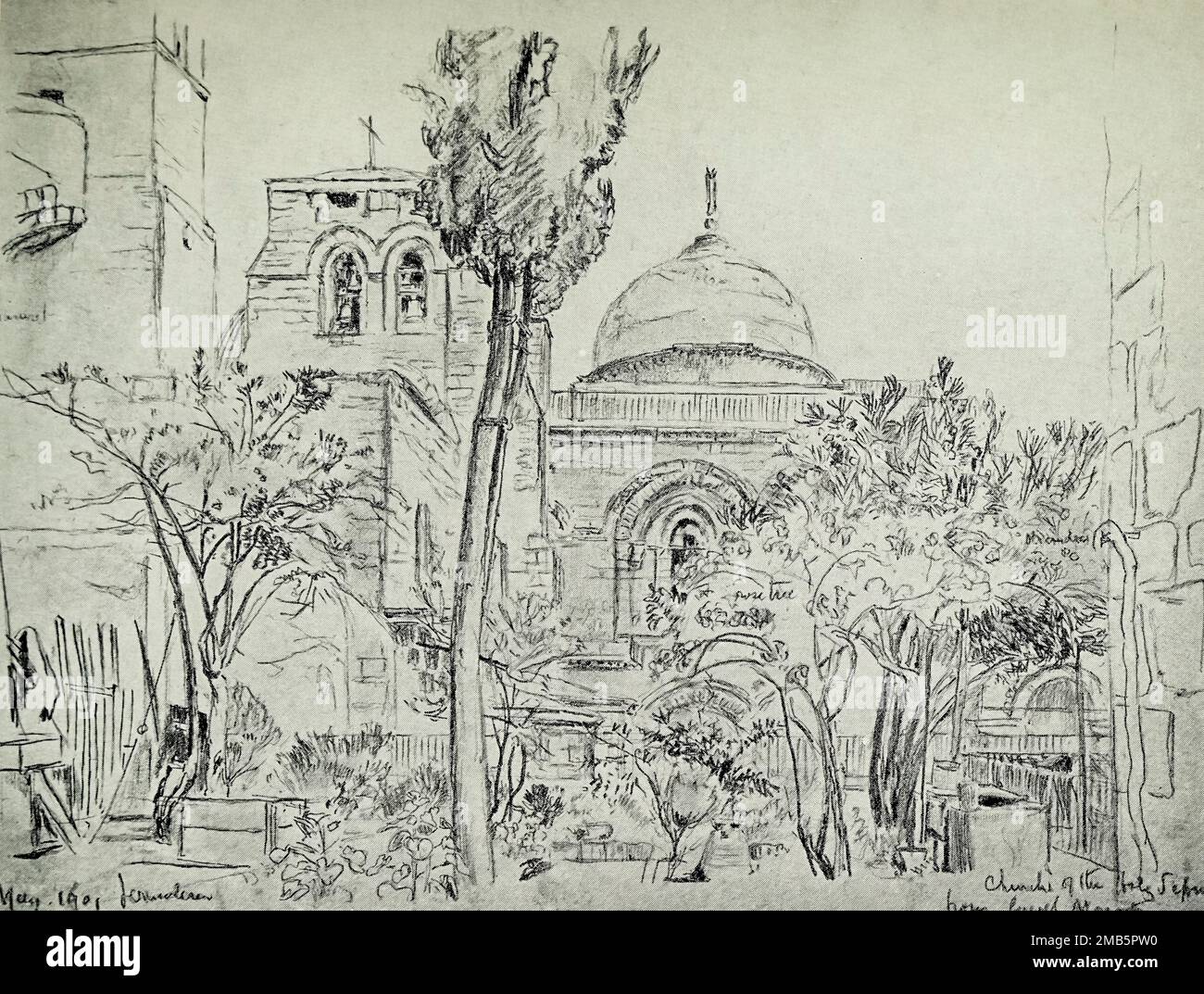 The Church of the Holy Sepulchre, from the Garden of the Greek Monastery Sketch by John Fulleylove from the book ' The Holy land ' Described by John Kelman 1864-1929 Publication date 1902 Publisher London : A. & C. Black Stock Photo