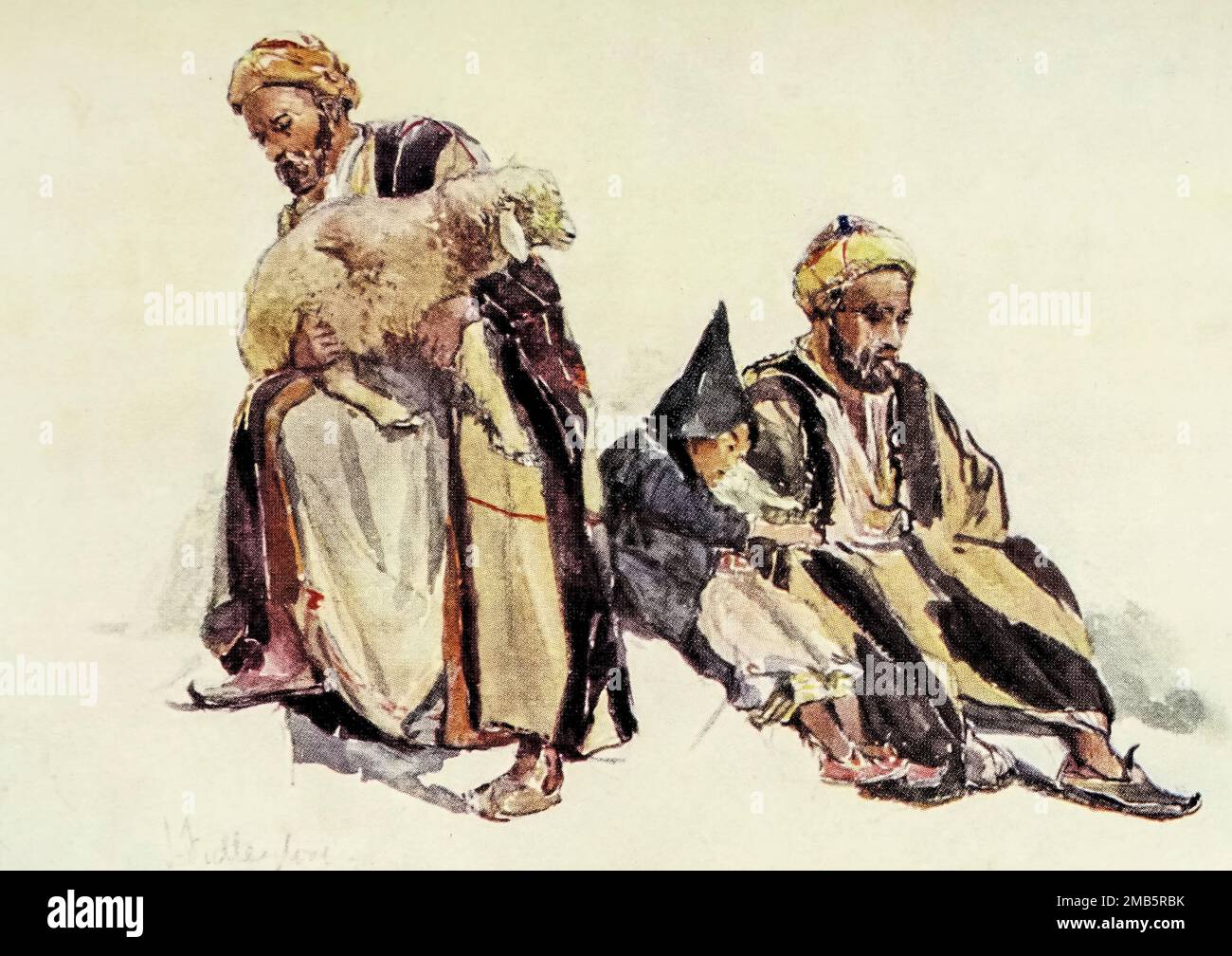 Syrian Shepherds and Shepherd Boy Painted by John Fulleylove from the book ' The Holy land ' Described by John Kelman 1864-1929 Publication date 1902 Publisher London : A. & C. Black Stock Photo