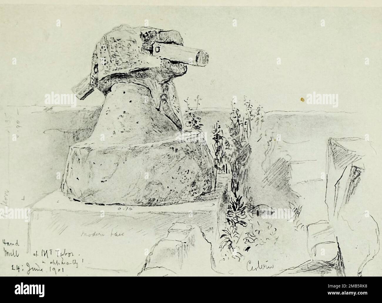 Ancient Hand-Mill at Mount Tabor Sketched by John Fulleylove from the book ' The Holy land ' Described by John Kelman 1864-1929 Publication date 1902 Publisher London : A. & C. Black Stock Photo