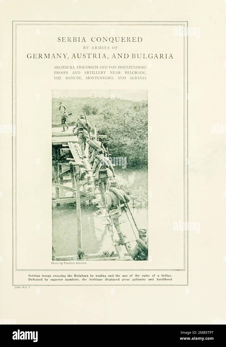 Retreating Serbian Soldiers Crossing a Wrecked Bridge from the book The story of the great war; the complete historical records of events to date DIPLOMATIC AND STATE PAPERS by Reynolds, Francis Joseph, 1867-1937; Churchill, Allen Leon; Miller, Francis Trevelyan, 1877-1959; Wood, Leonard, 1860-1927; Knight, Austin Melvin, 1854-1927; Palmer, Frederick, 1873-1958; Simonds, Frank Herbert, 1878-; Ruhl, Arthur Brown, 1876-  Volume VII Published 1920 Stock Photo
