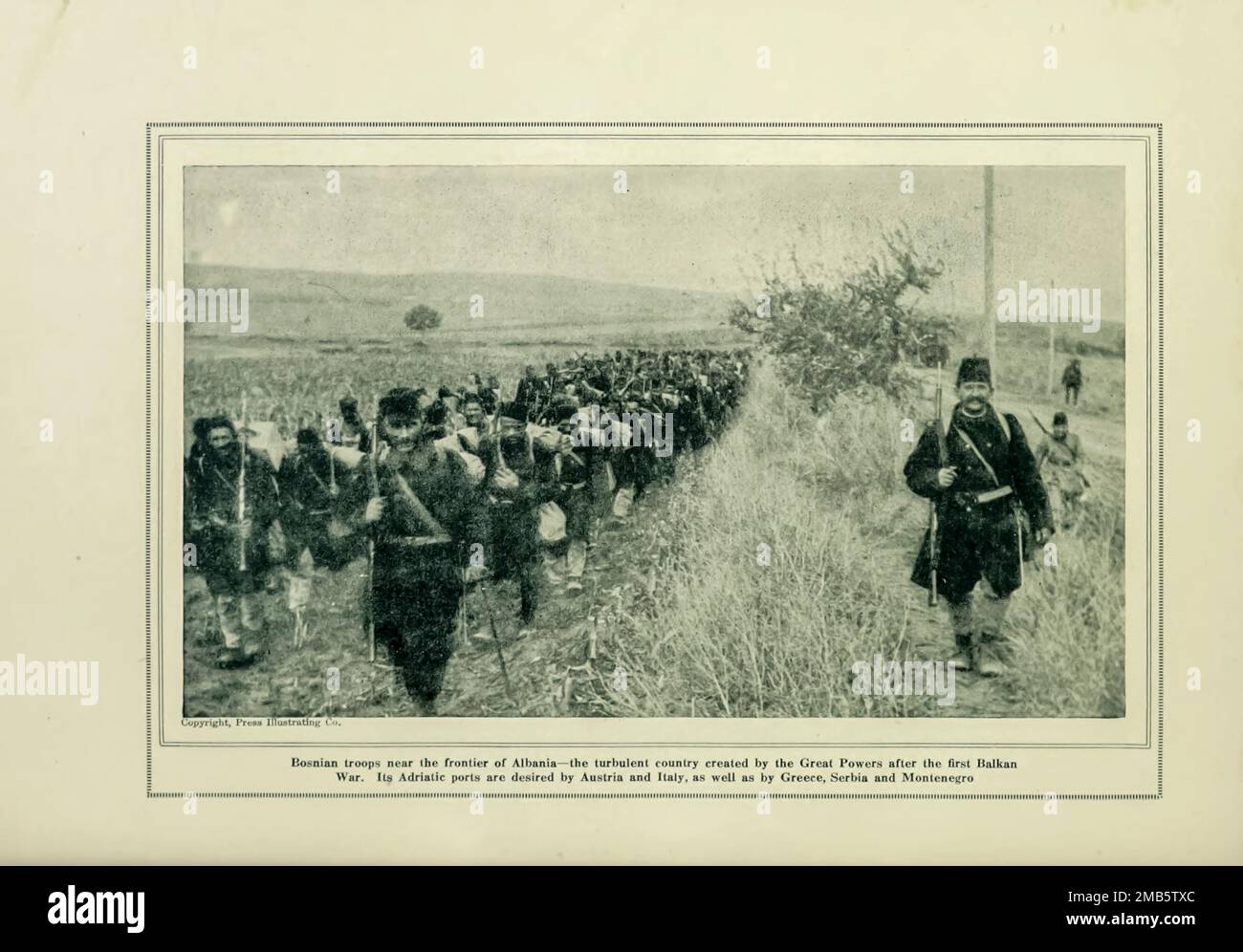 Bosnian Troops Marching into Albania from the book The story of the great war; the complete historical records of events to date DIPLOMATIC AND STATE PAPERS by Reynolds, Francis Joseph, 1867-1937; Churchill, Allen Leon; Miller, Francis Trevelyan, 1877-1959; Wood, Leonard, 1860-1927; Knight, Austin Melvin, 1854-1927; Palmer, Frederick, 1873-1958; Simonds, Frank Herbert, 1878-; Ruhl, Arthur Brown, 1876-  Volume VII Published 1920 Stock Photo