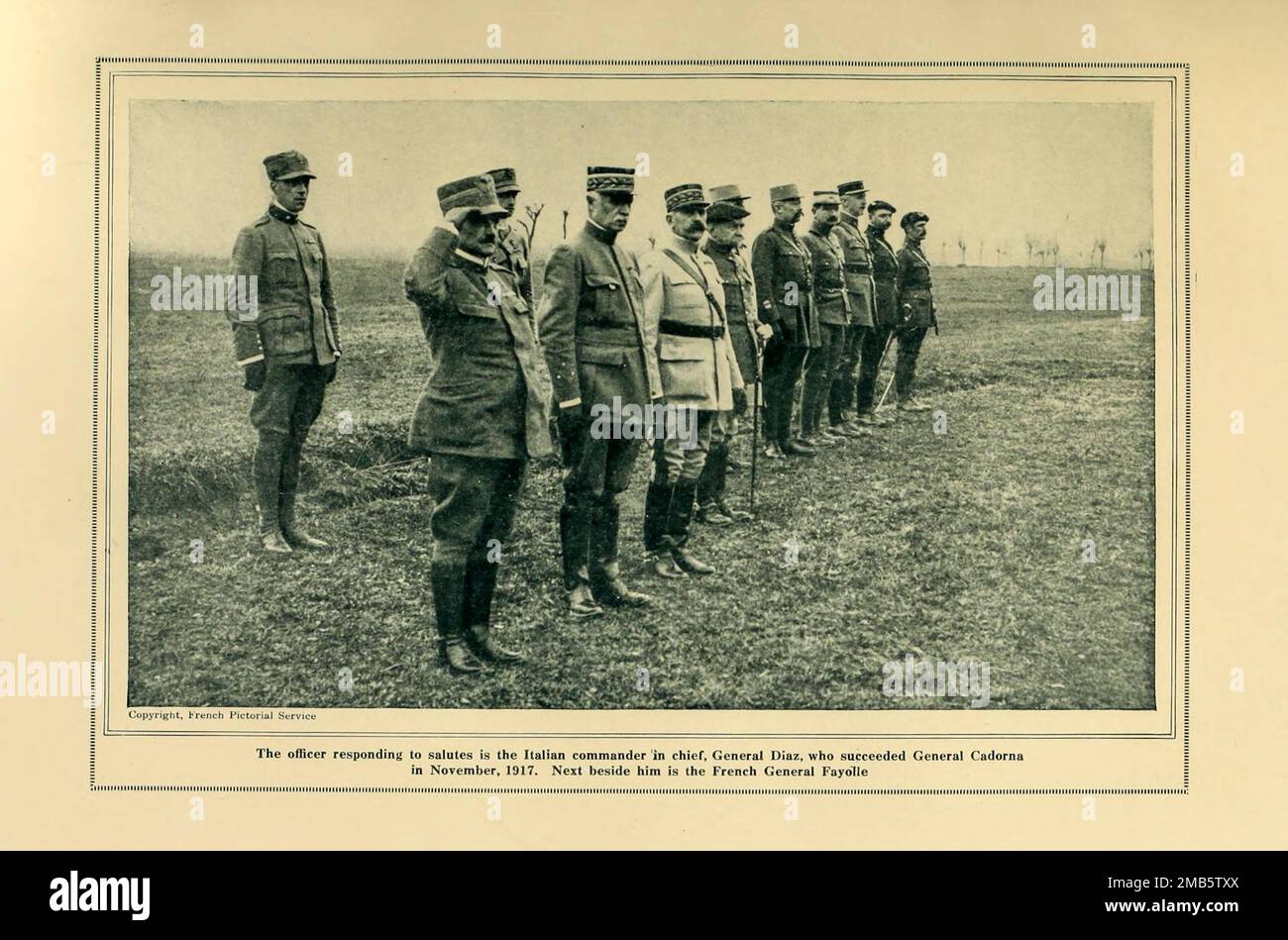General Diaz with French and Italian Officers from the book The story of the great war; the complete historical records of events to date DIPLOMATIC AND STATE PAPERS by Reynolds, Francis Joseph, 1867-1937; Churchill, Allen Leon; Miller, Francis Trevelyan, 1877-1959; Wood, Leonard, 1860-1927; Knight, Austin Melvin, 1854-1927; Palmer, Frederick, 1873-1958; Simonds, Frank Herbert, 1878-; Ruhl, Arthur Brown, 1876-  Volume VII Published 1920 Stock Photo